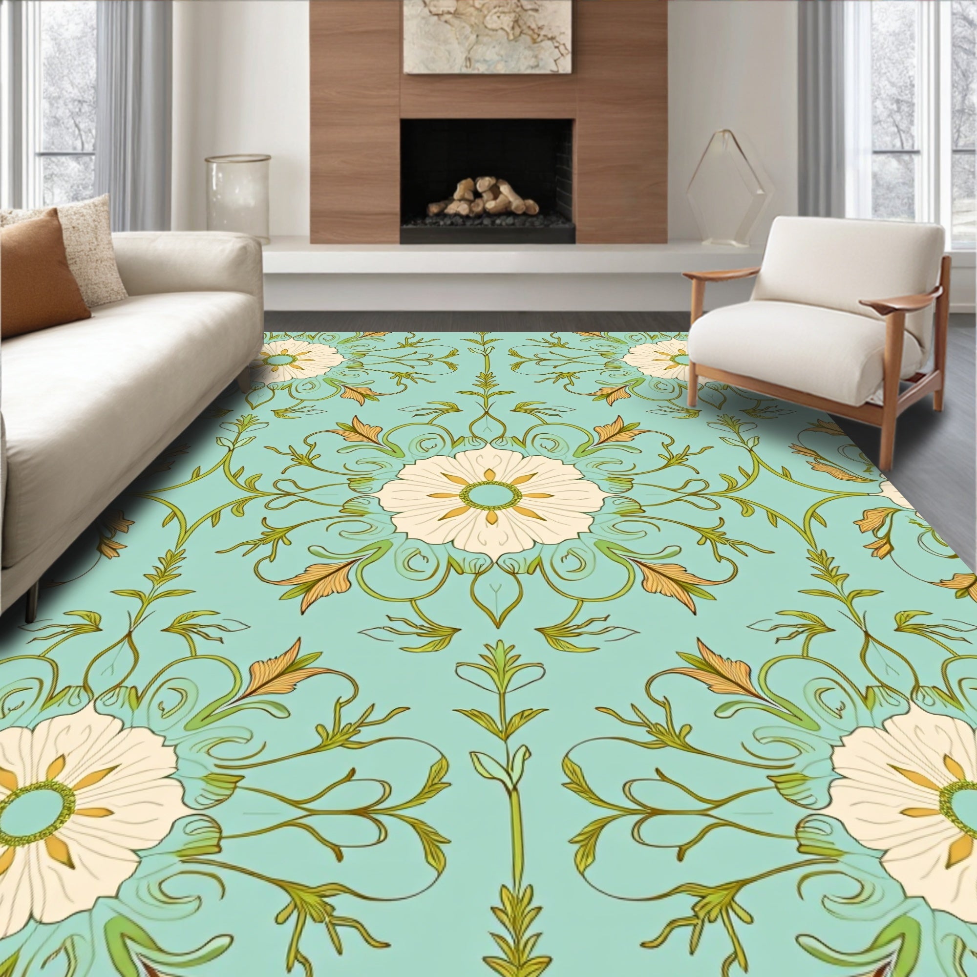 Art Nouveau Teal Floral Swirl Rug
