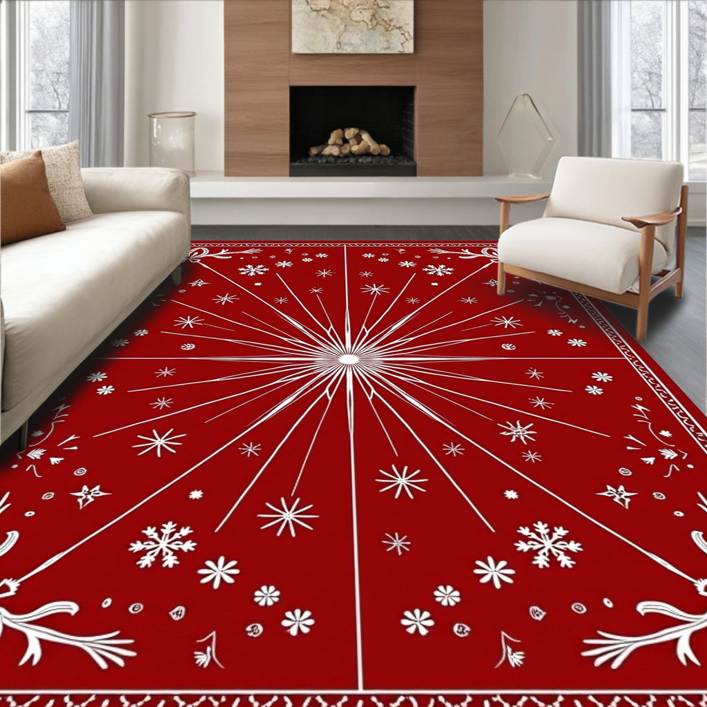 Crimson White Starburst Snowflake Bloom Rug