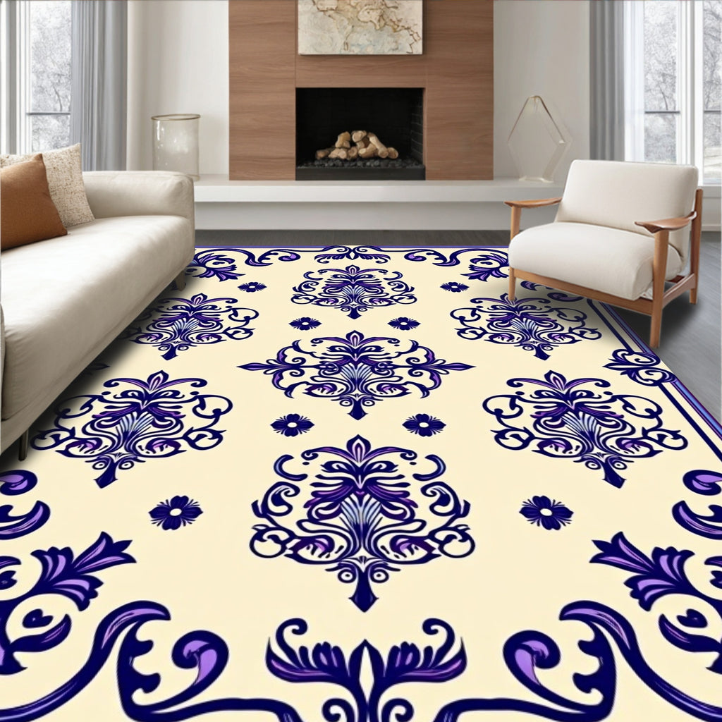 Cream and Royal Purple Damask Flourish Rug