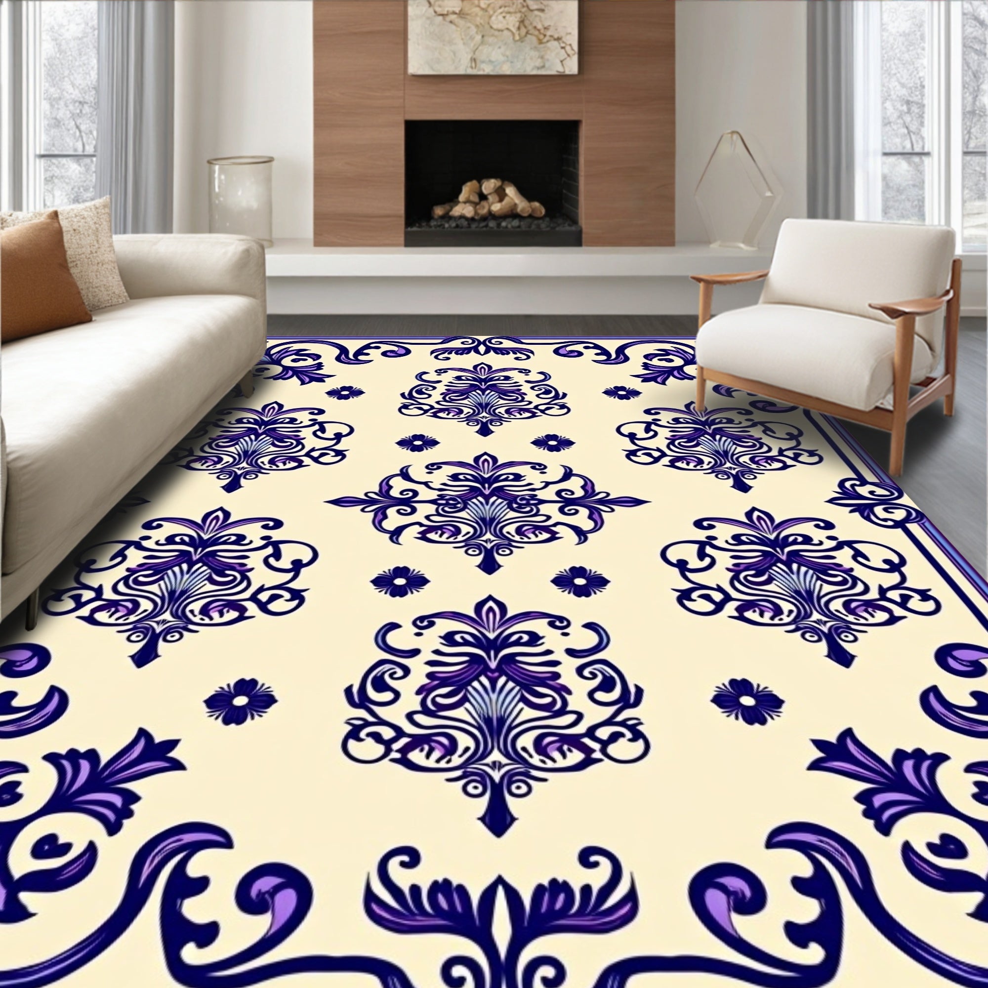 Cream and Royal Purple Damask Flourish Rug
