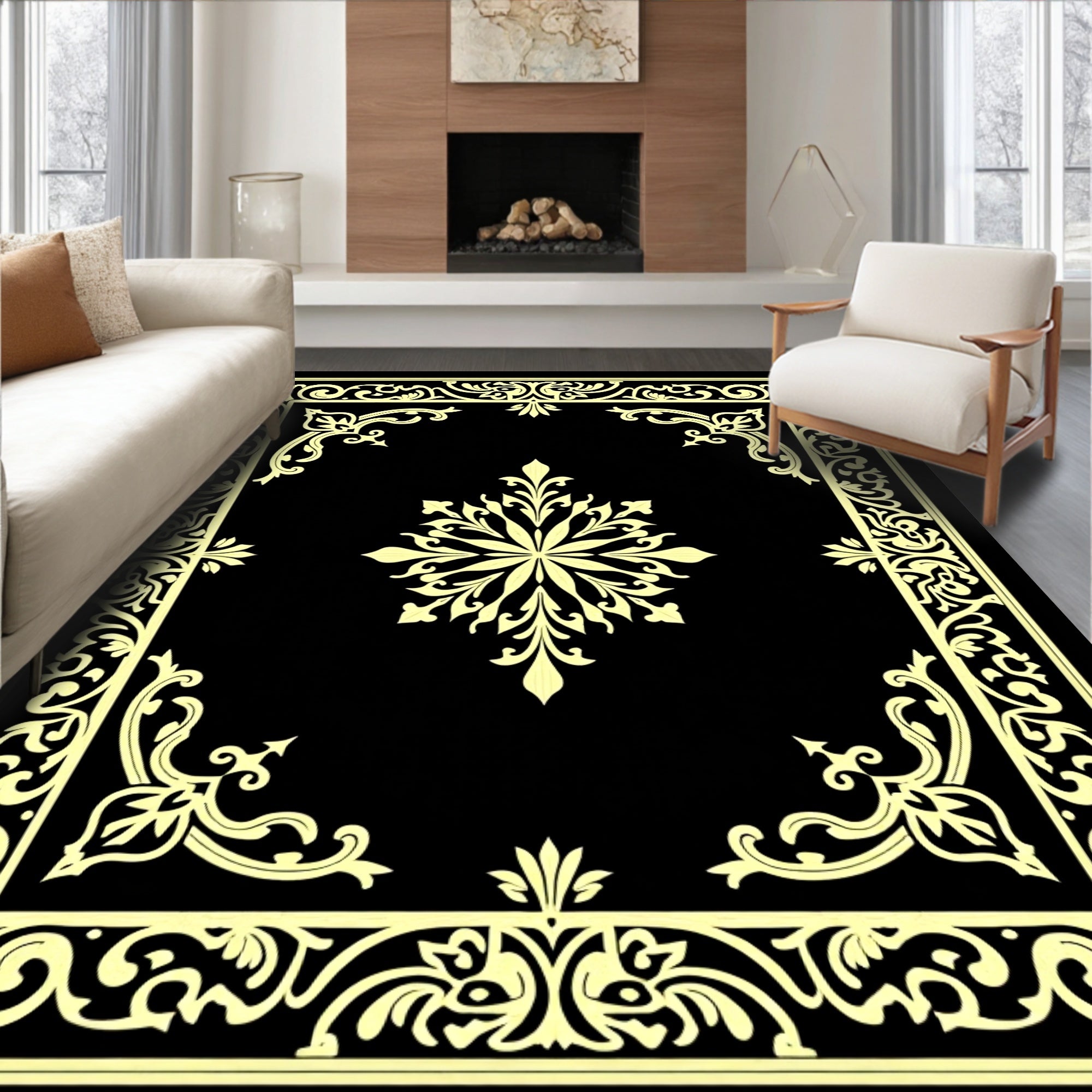 Golden Floral Border With Medallion Rug