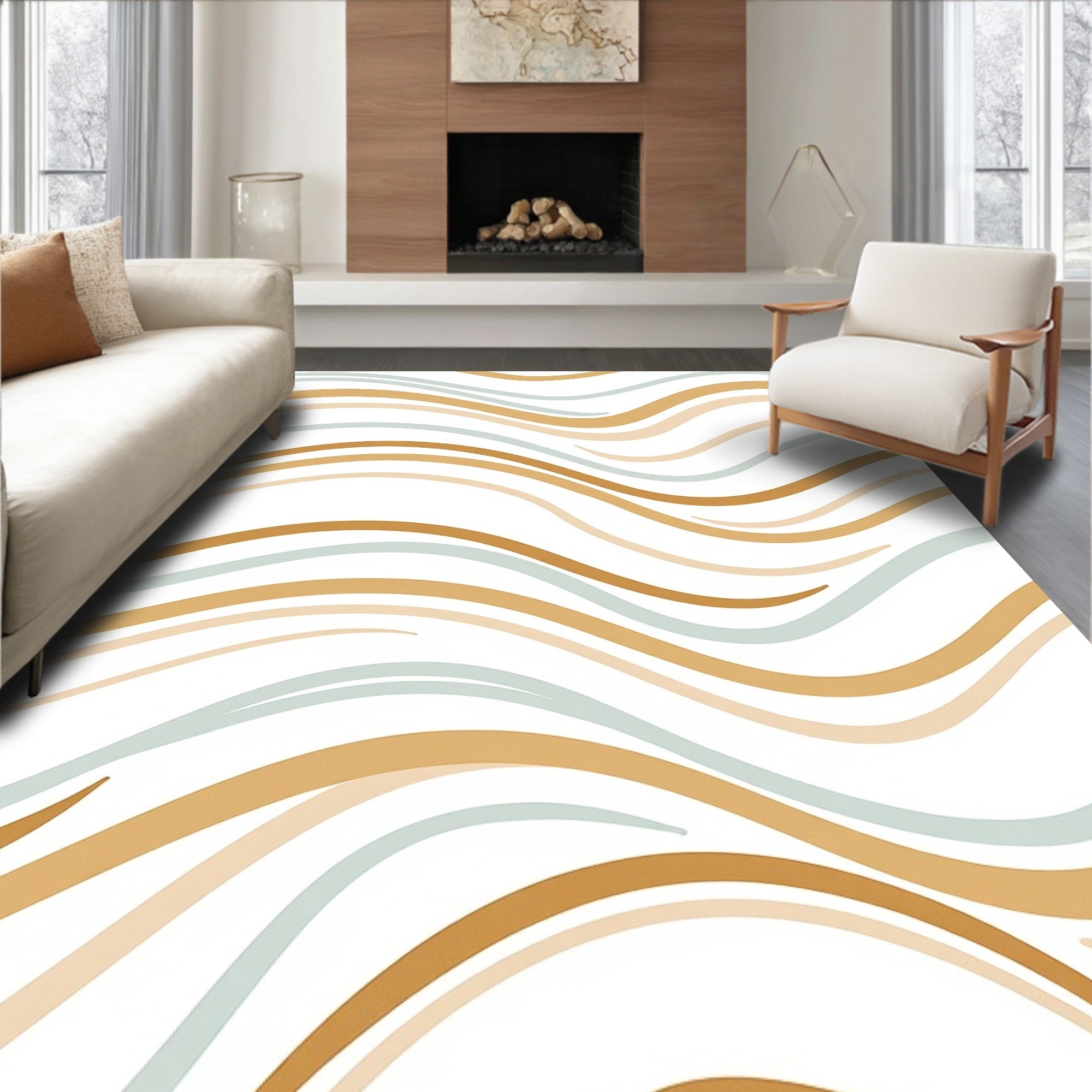 Warm Beige Coastal Wave Lines Rug