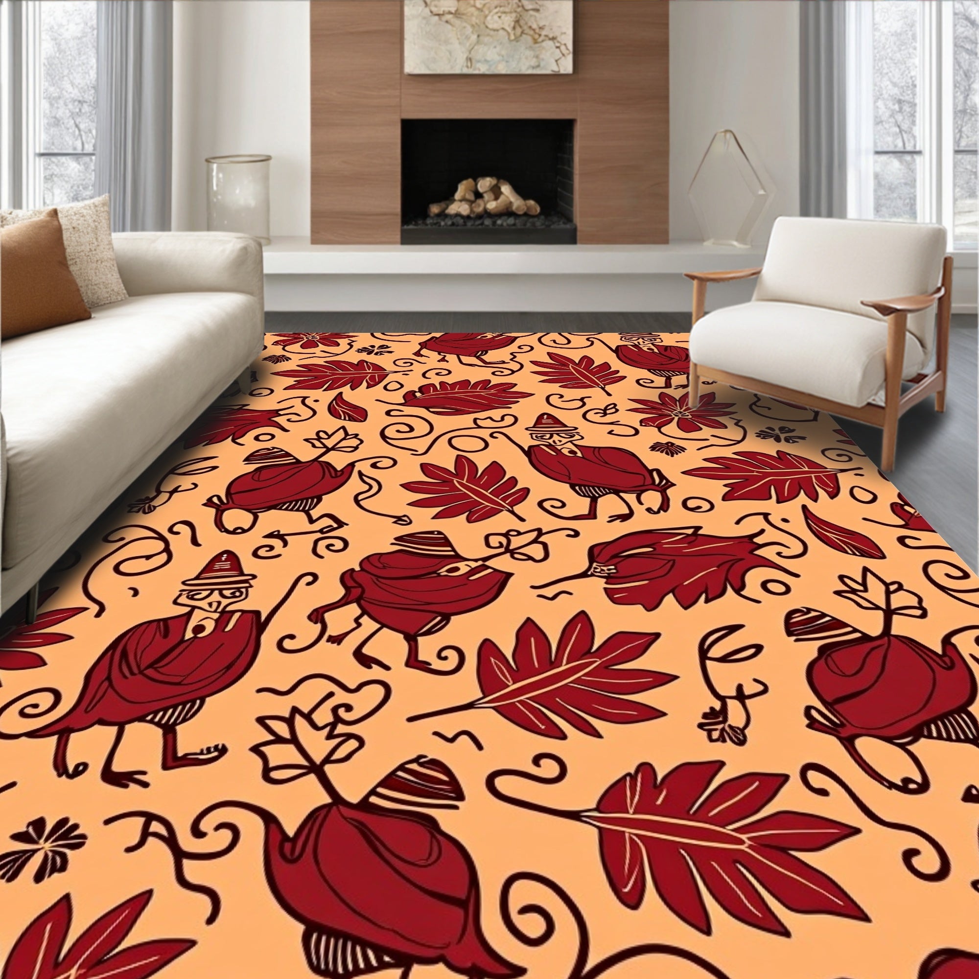 Whimsical Red Figure Folk Art Rug