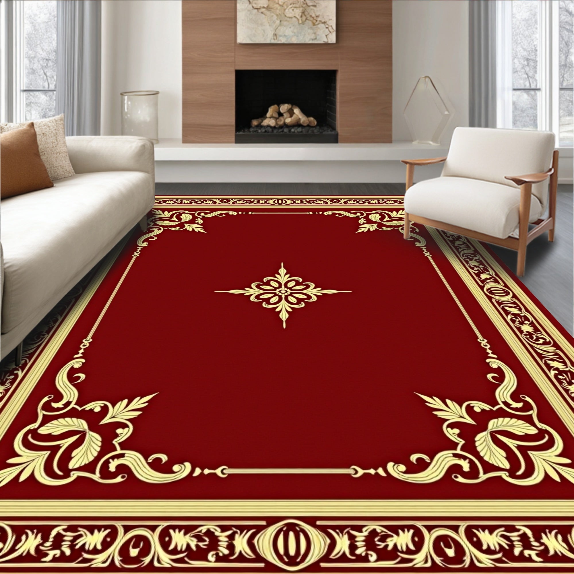 Regal Burgundy Gold Floral Scroll Rug