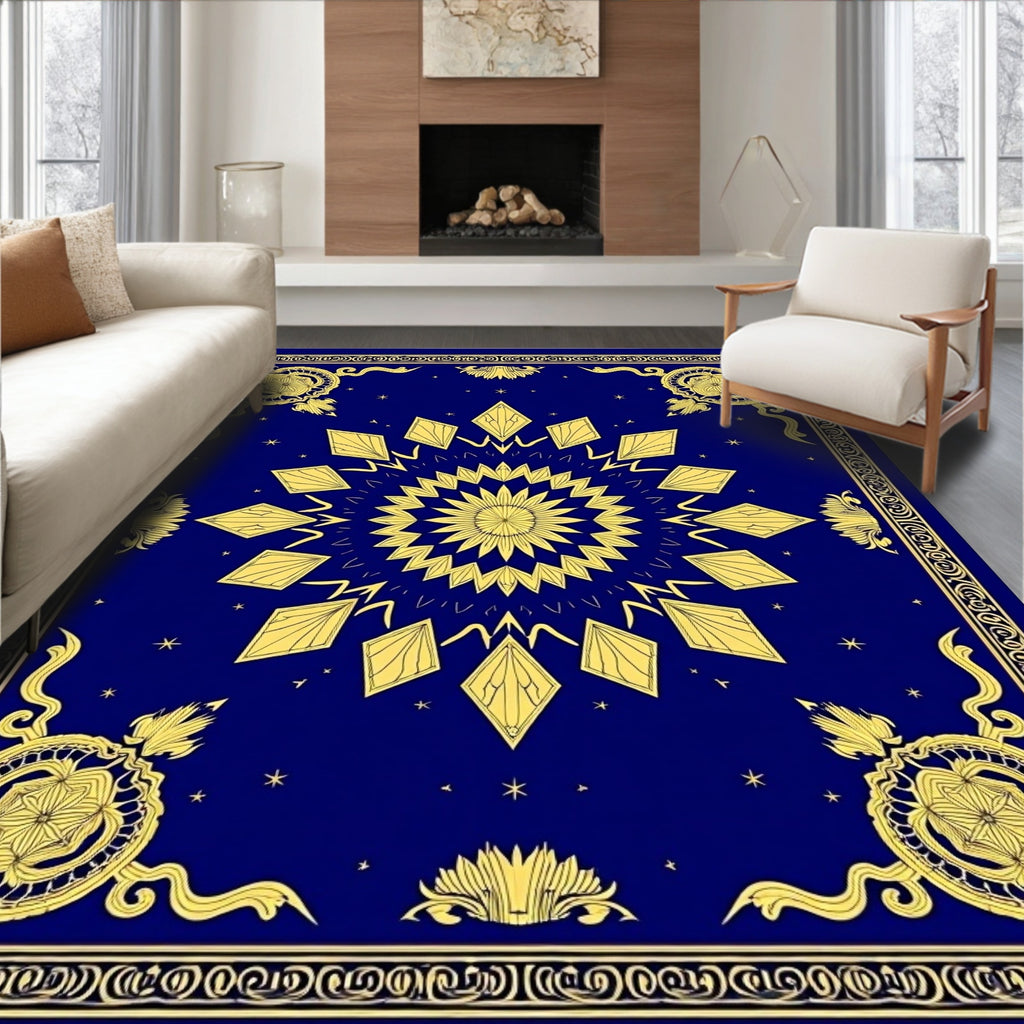 Royal Blue Golden Sunburst Mandala Rug