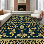 Golden Floral Swirl Navy Blue Rug