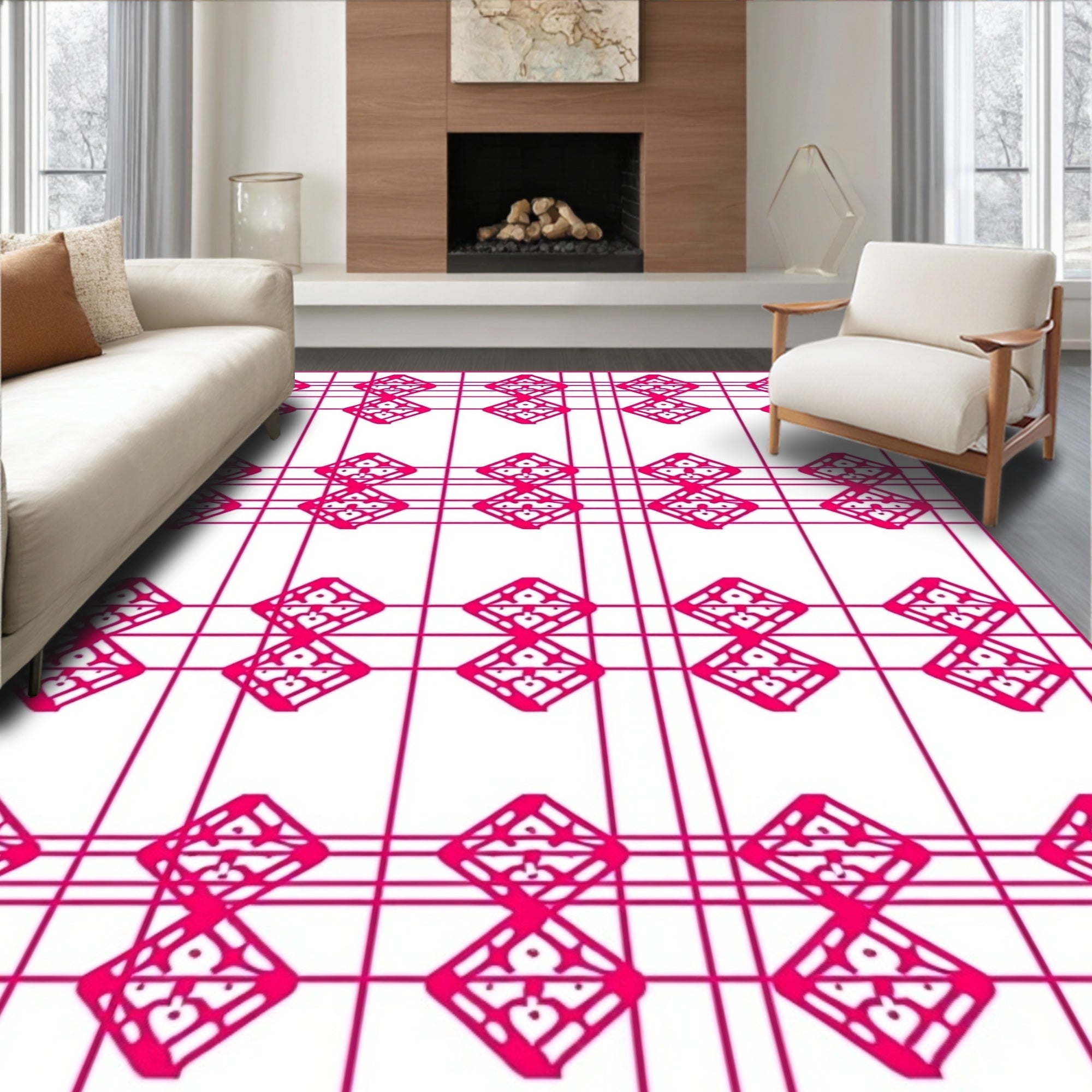 Pink Geometric Diamond lattice Rug
