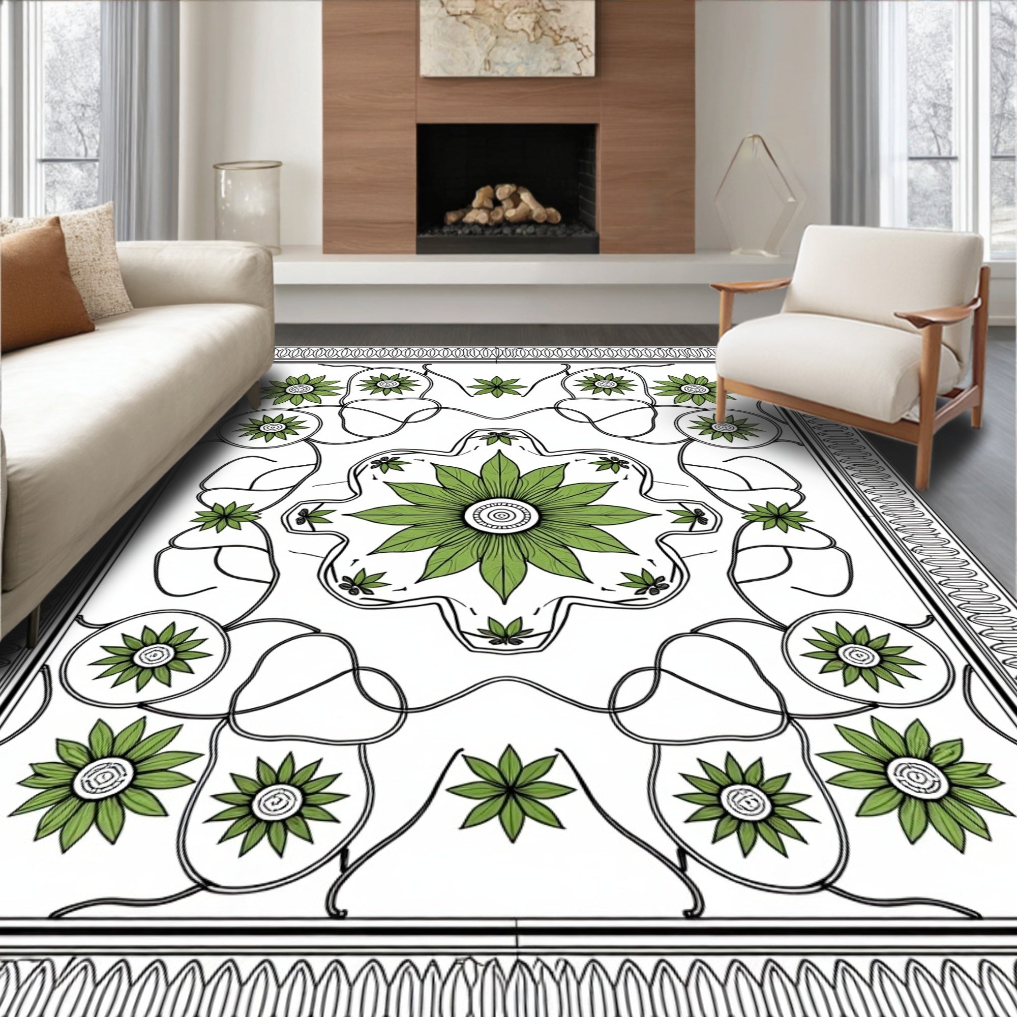Green Floral Medallion Garden Rug