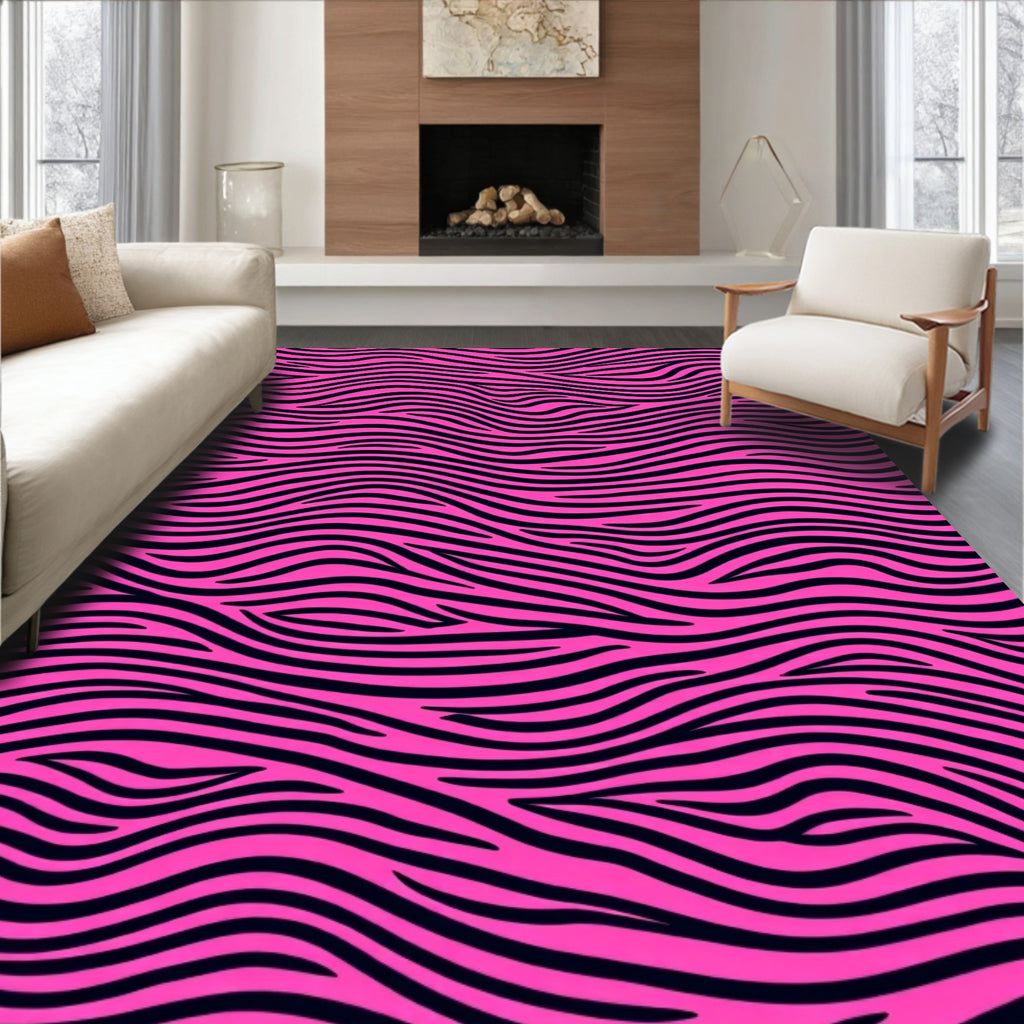 Vivid Pink Black Wavy Stripes Rug