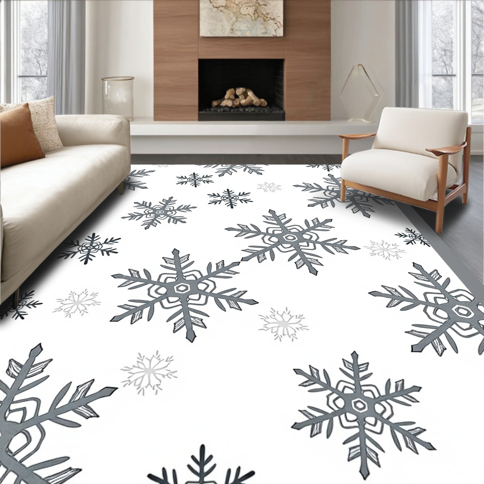 Gray Hand Drawn Snowflake Medley Rug
