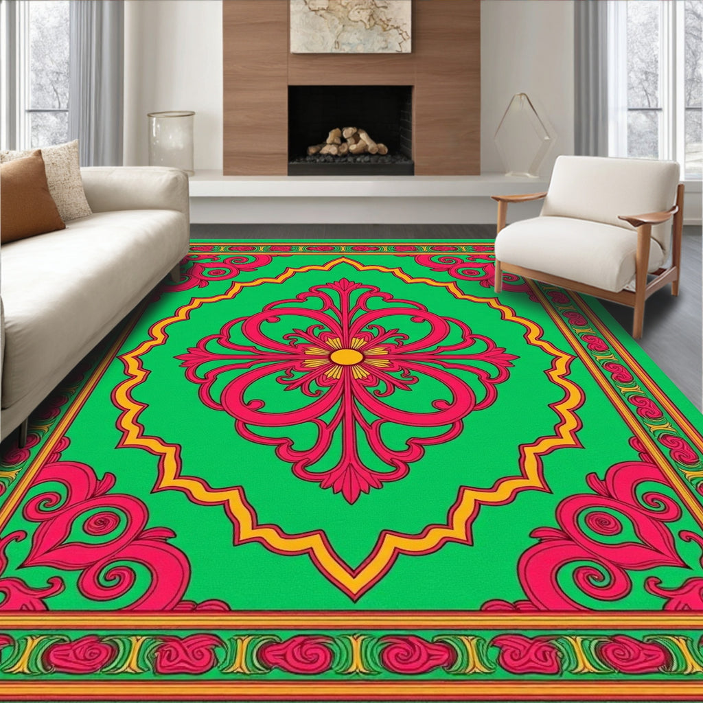 Vibrant Pink Floral Green Medallion Rug