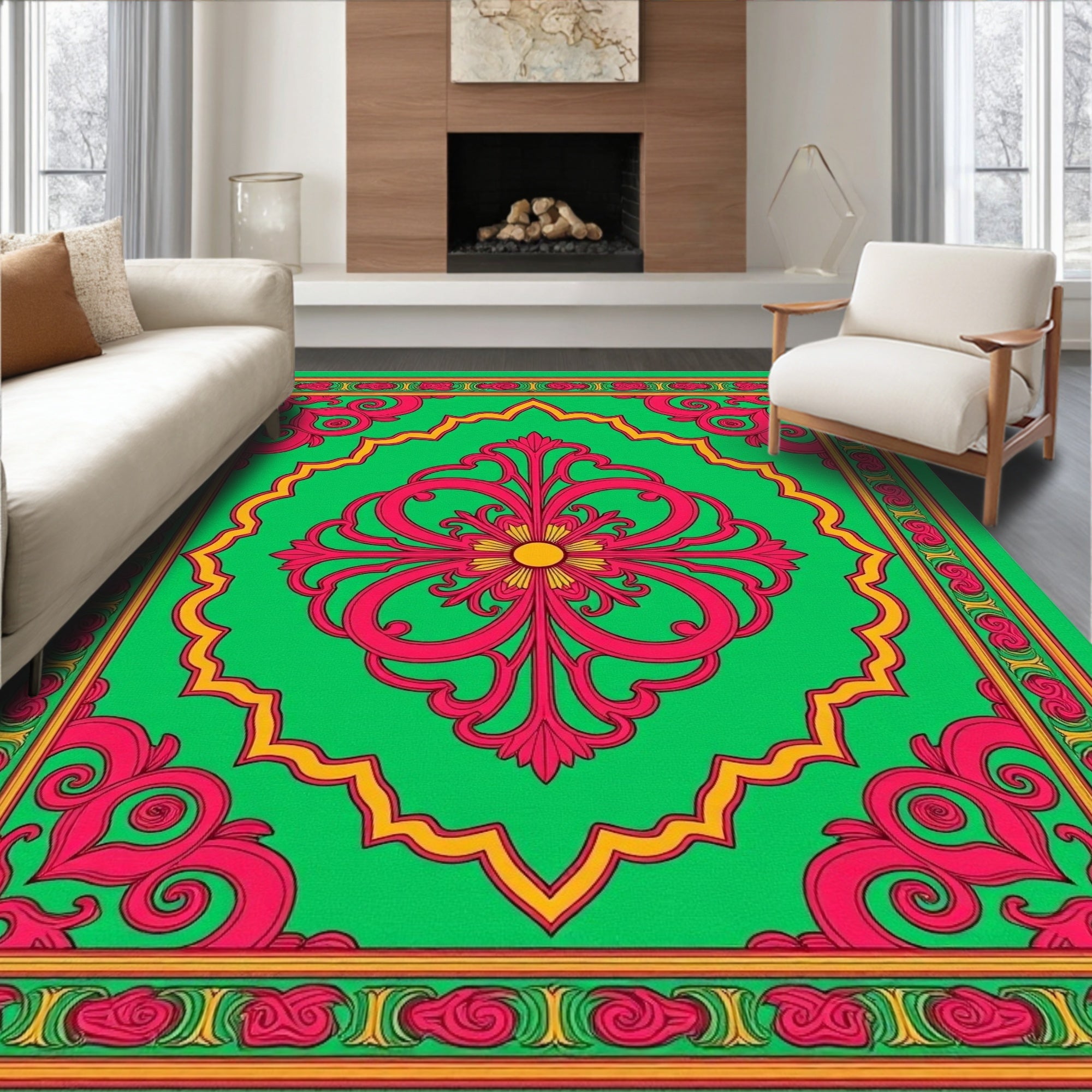 Vibrant Pink Floral Green Medallion Rug