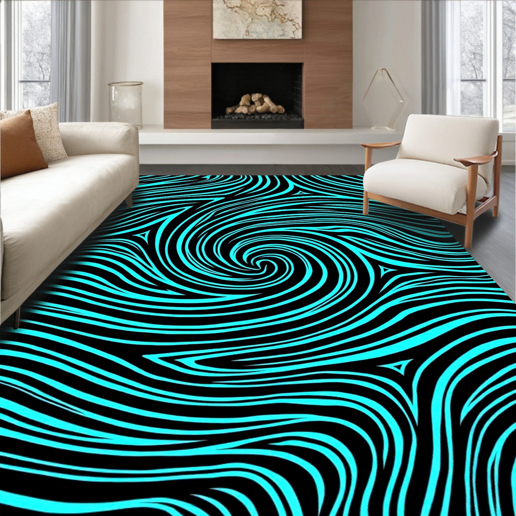 Vibrant Aqua Swirl Abstract Lines Rug