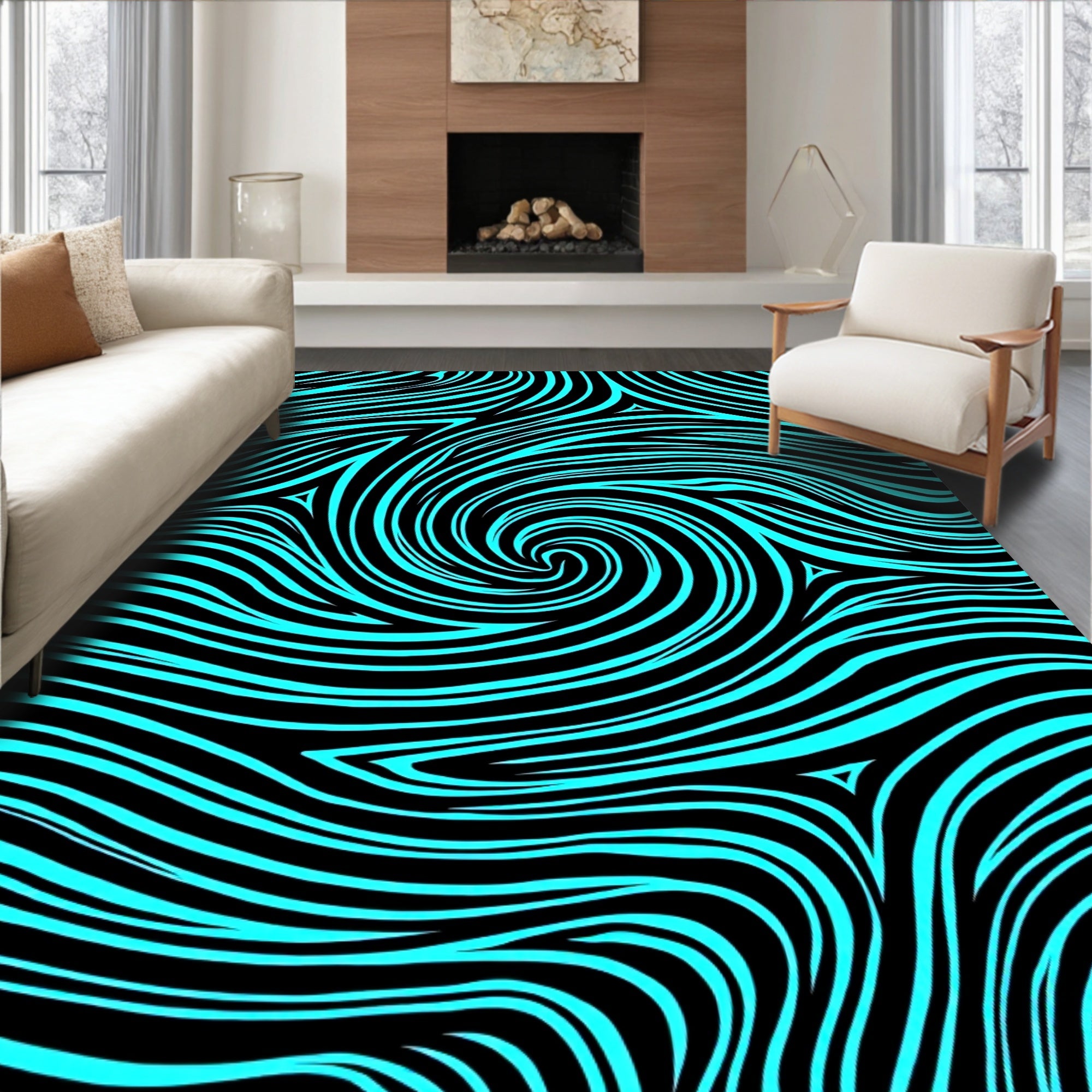 Vibrant Aqua Swirl Abstract Lines Rug