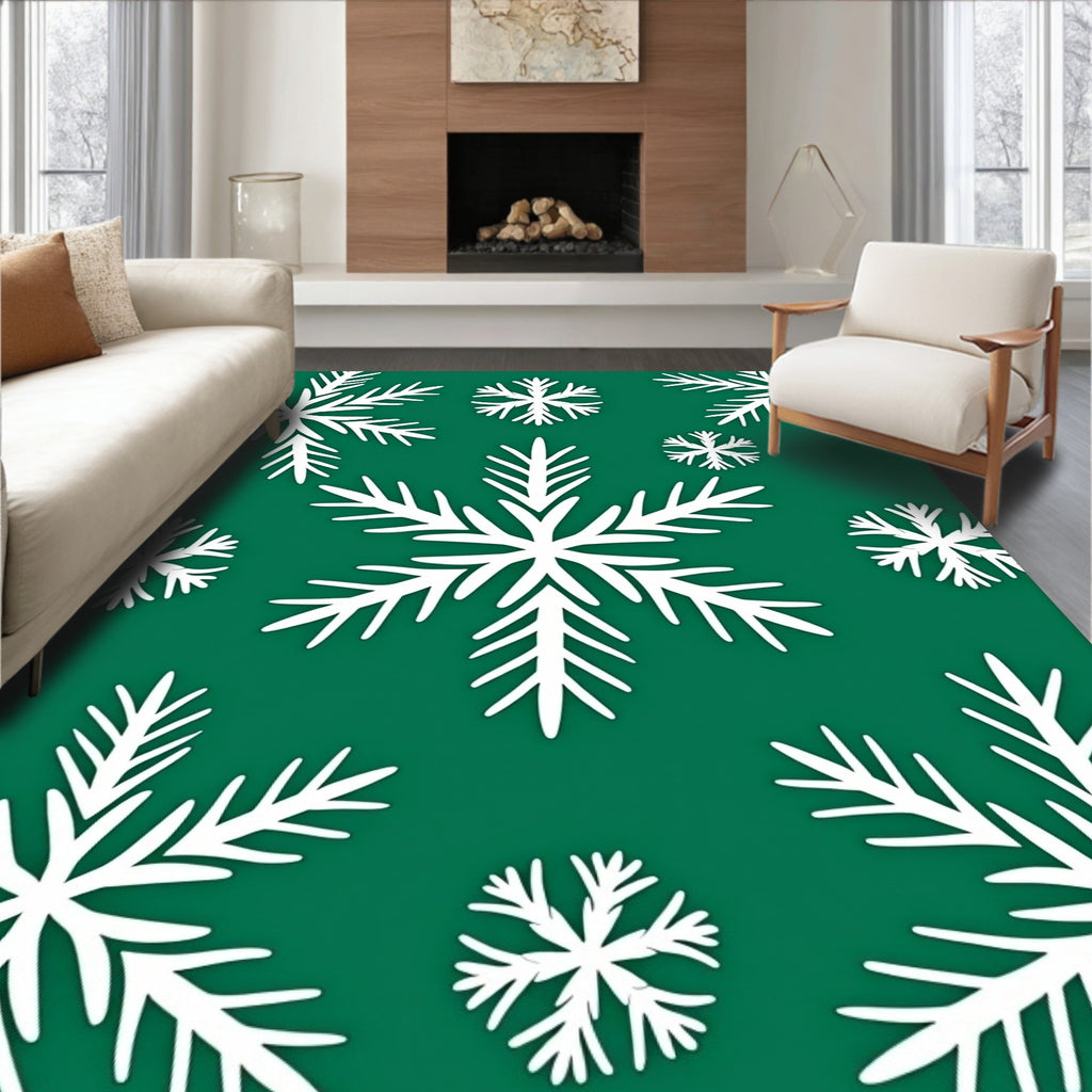 White Snowflakes on Emerald Green Rug