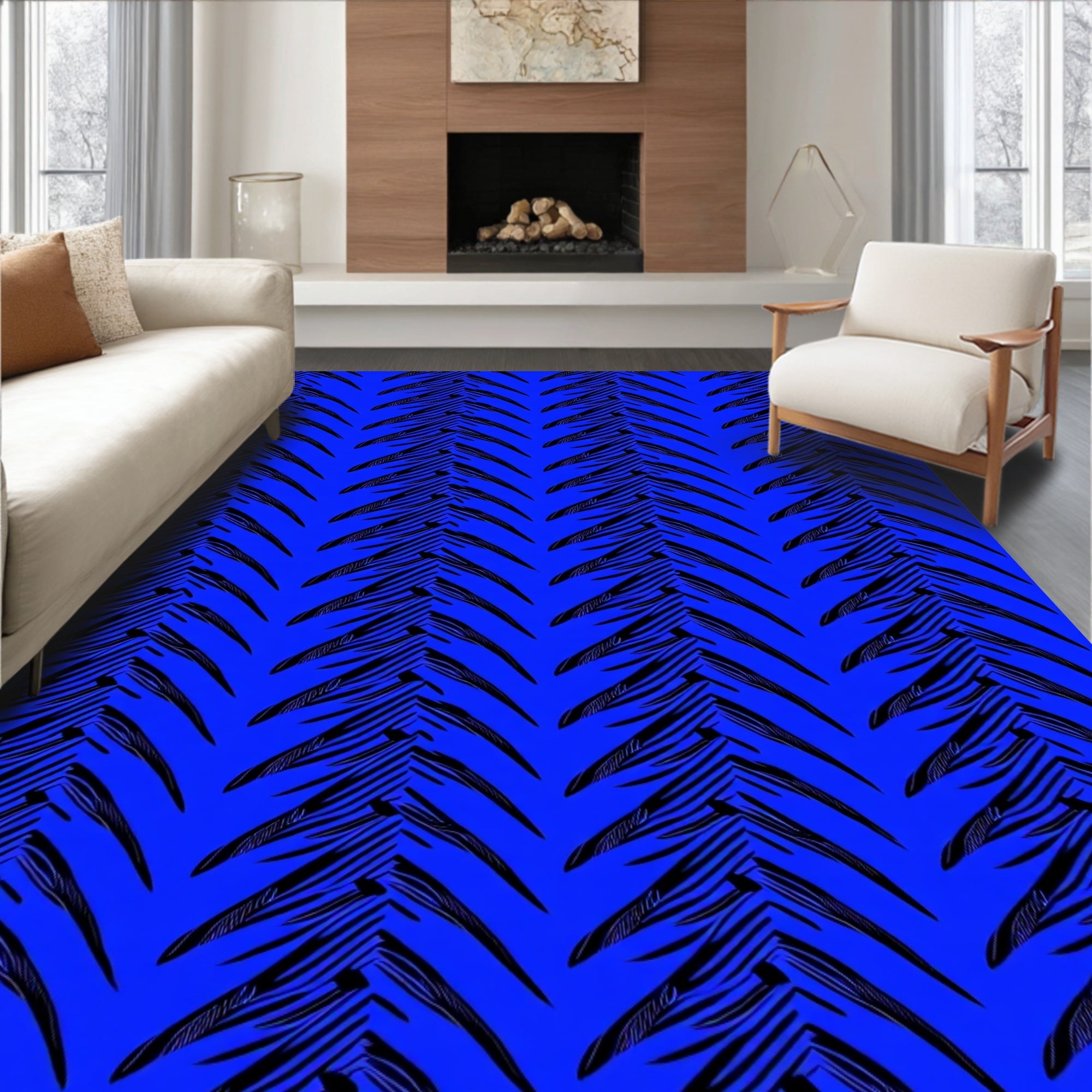 Bold Black Palm Frond Geometric Rug