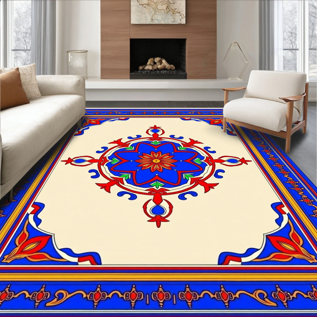 Bold Blue Red Floral Medallion Border Rug