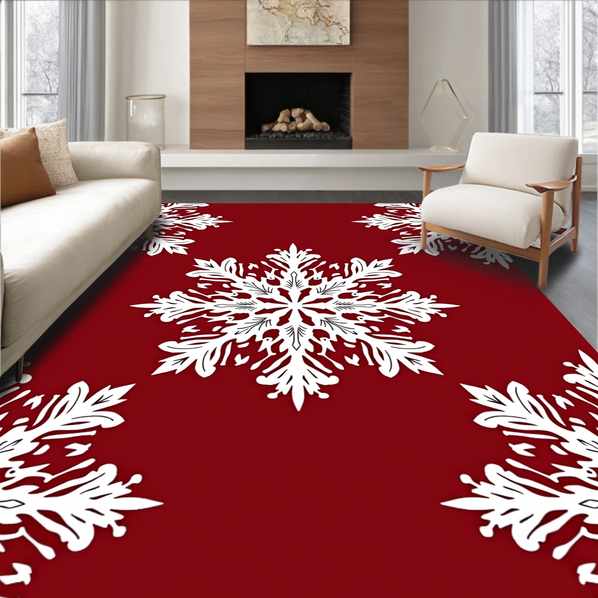 Crimson White Snowflake Garland Rug