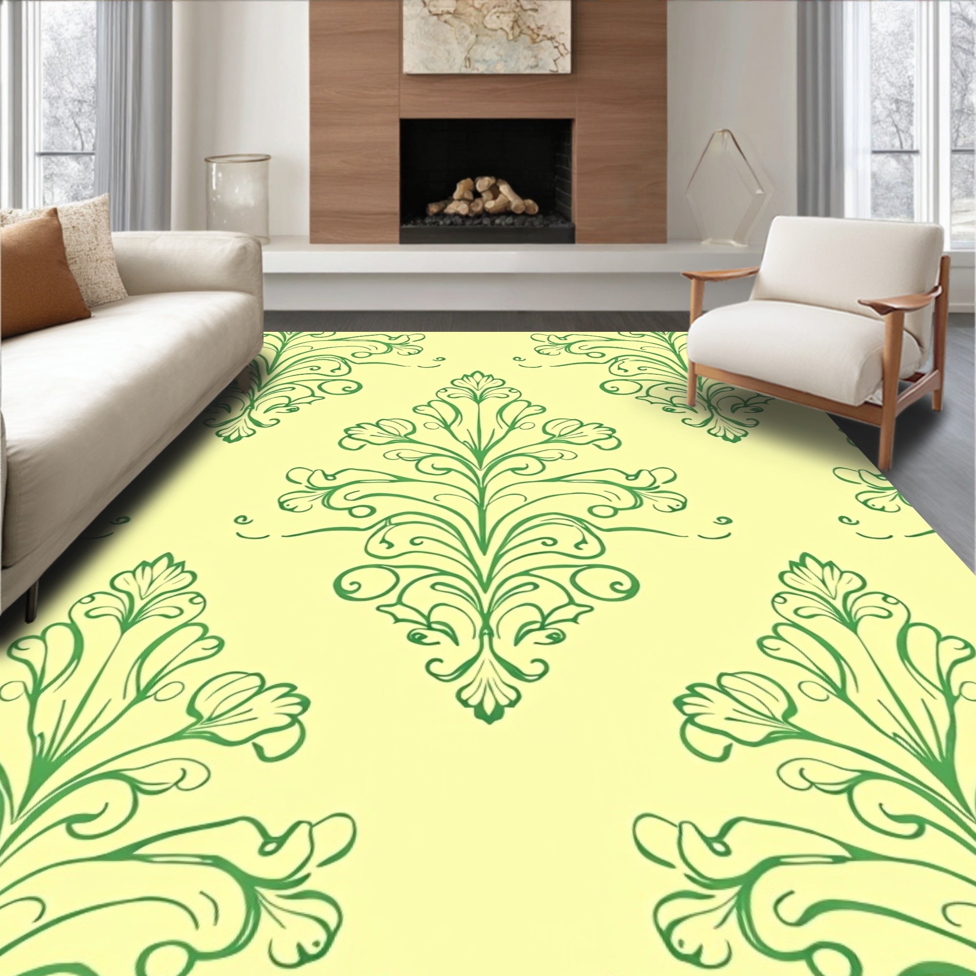 Green Floral Medallion Damask Wallpaper Rug