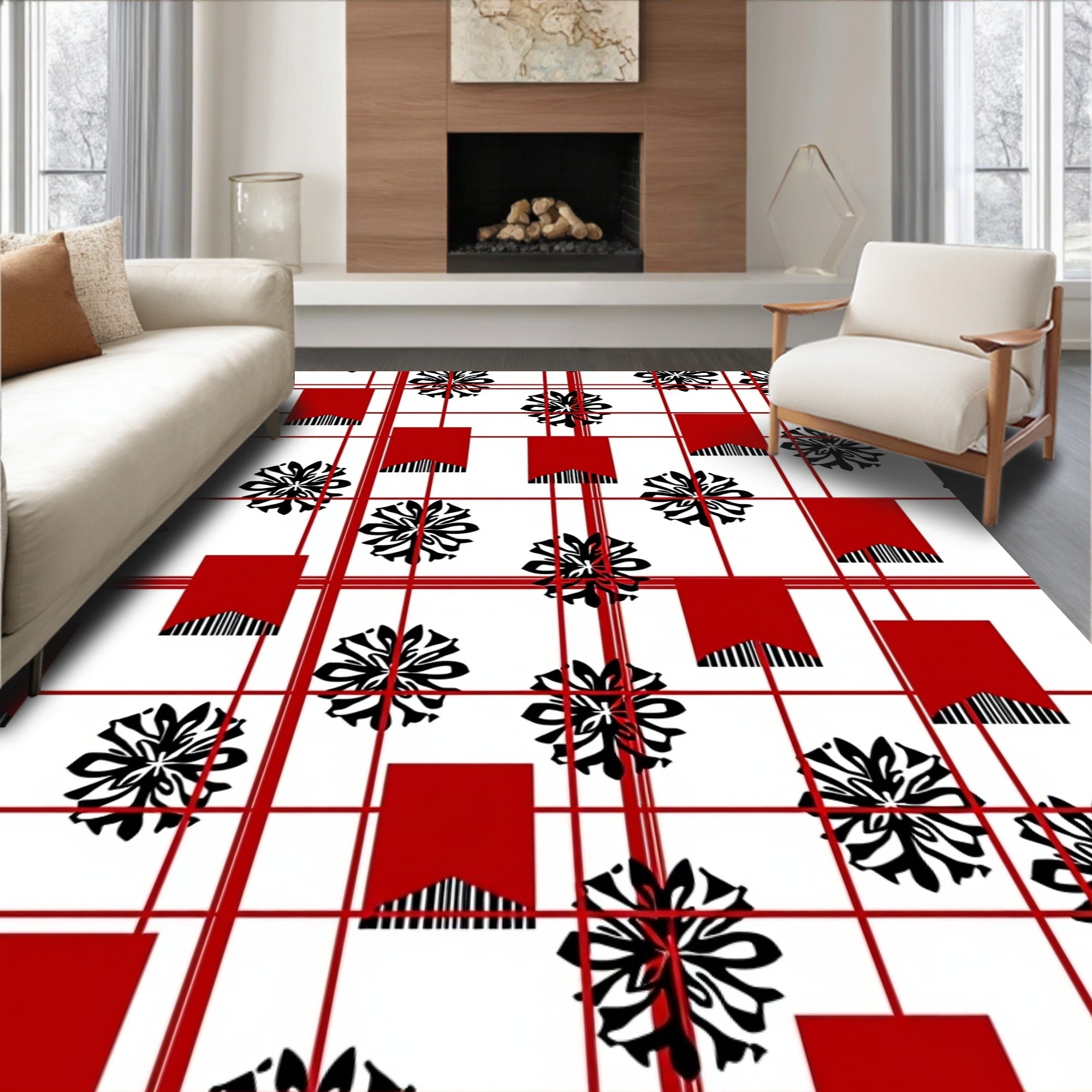 Red White Black Floral Grid Elements Rug