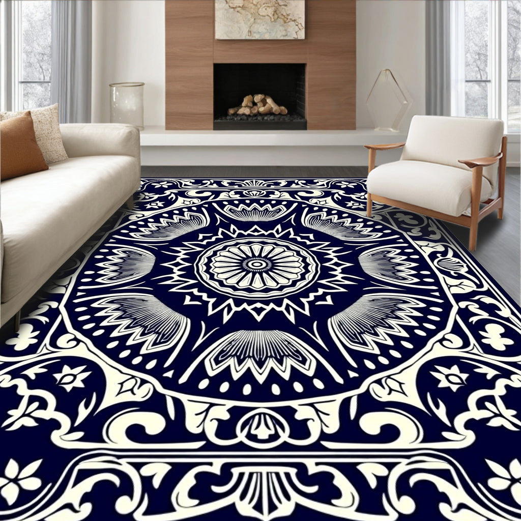 Navy White Floral Medallion Border Rug