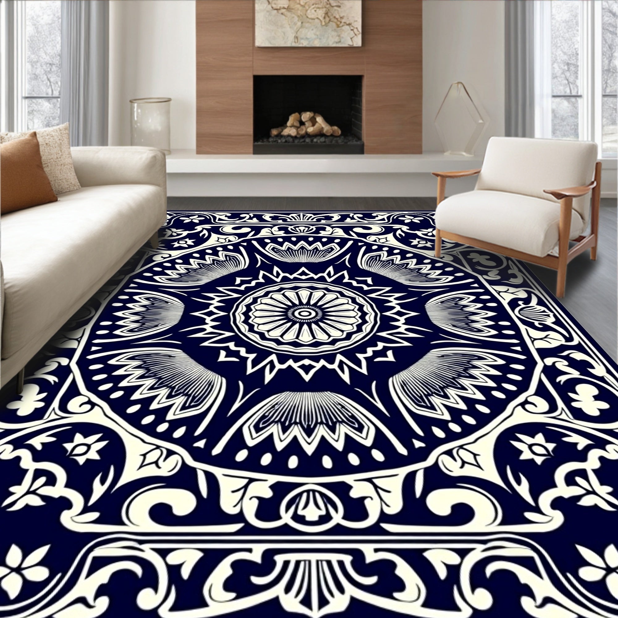 Navy White Floral Medallion Border Rug
