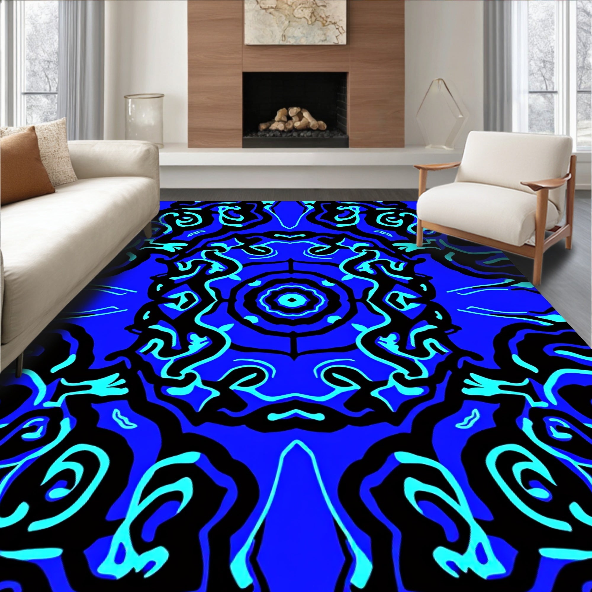 Vibrant Blue Abstract Swirl Medallion Rug