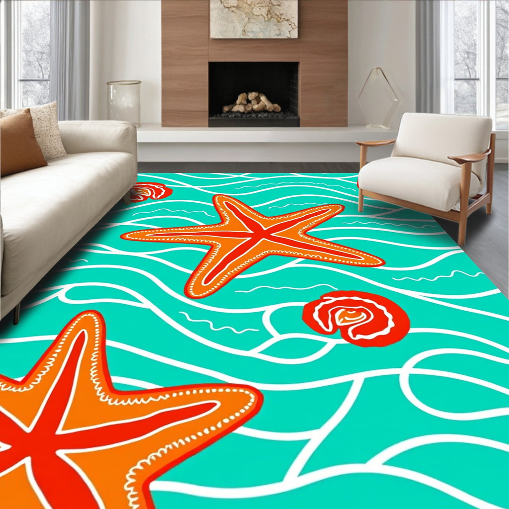 Tropical Orange Starfish Turquoise Waves Rug