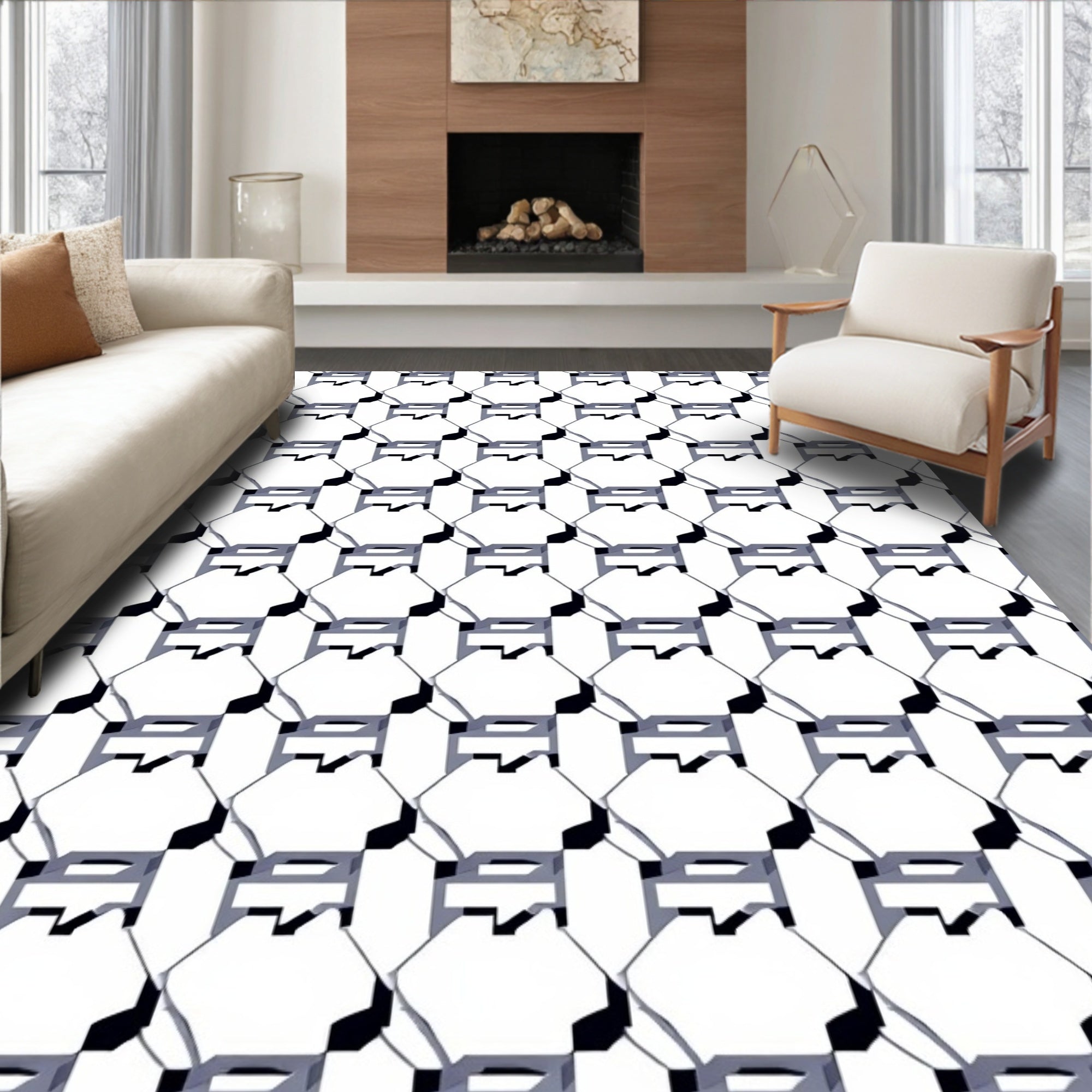 Modern Gray Geometric Octagon Repeating Rug