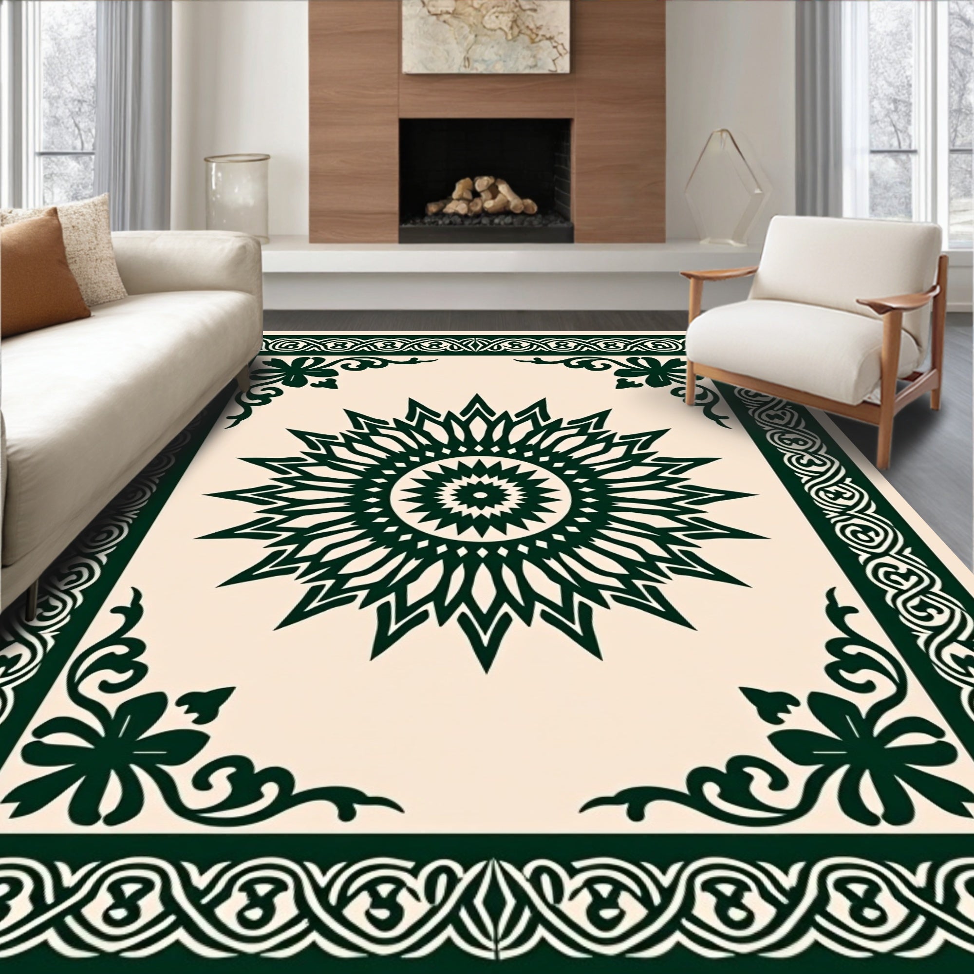 Dark Green Sunburst Floral Frame Rug