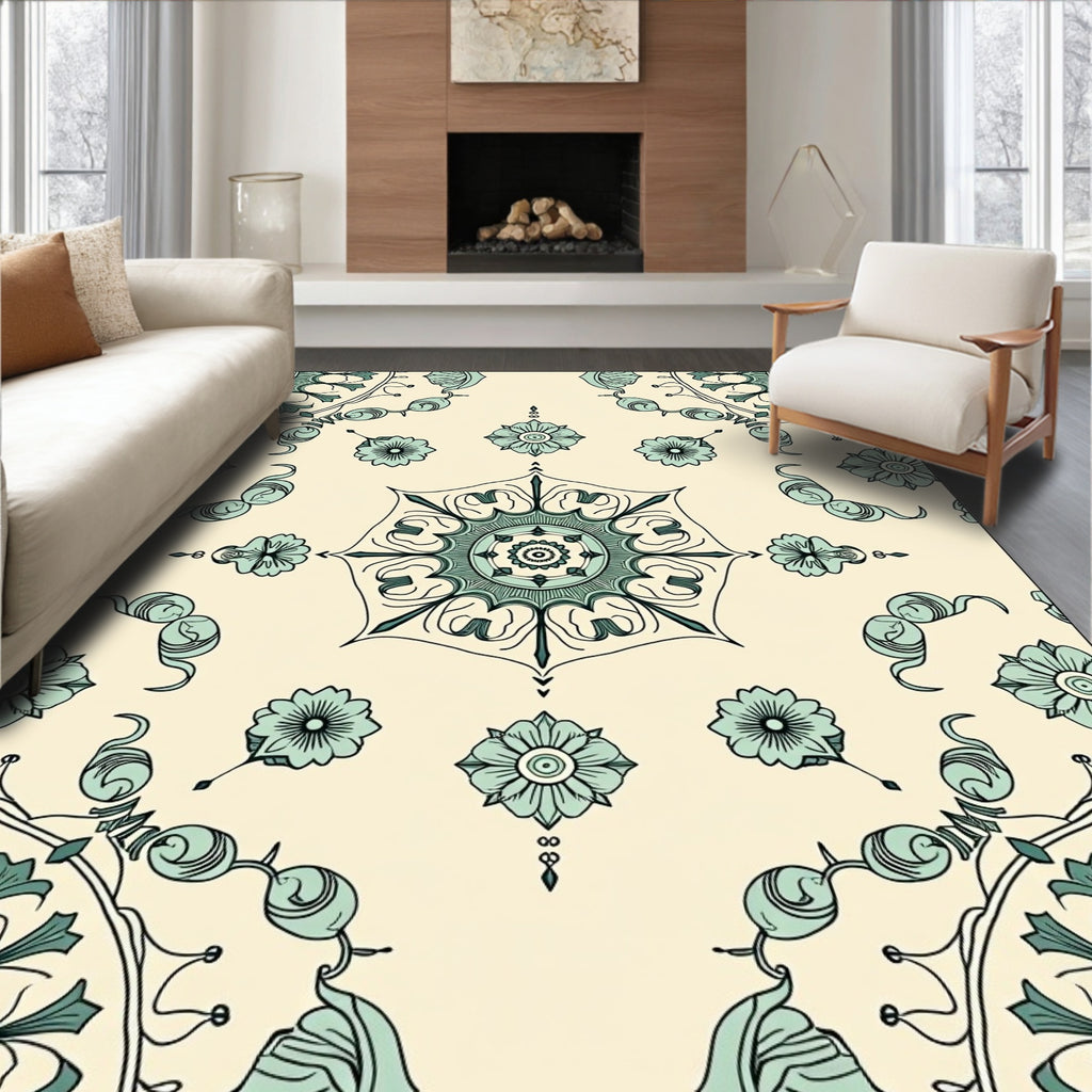 Vintage Teal Floral Medallion Lace Rug