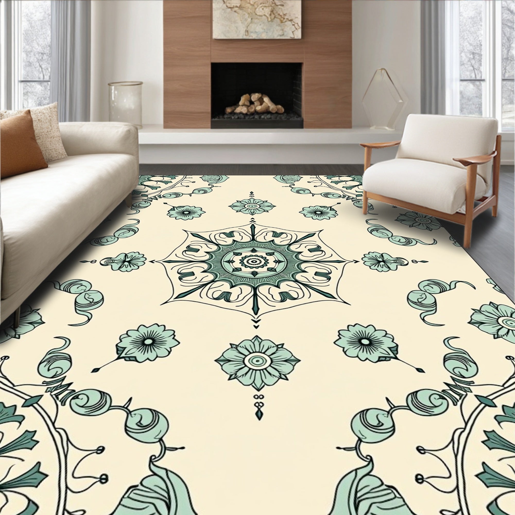 Vintage Teal Floral Medallion Lace Rug