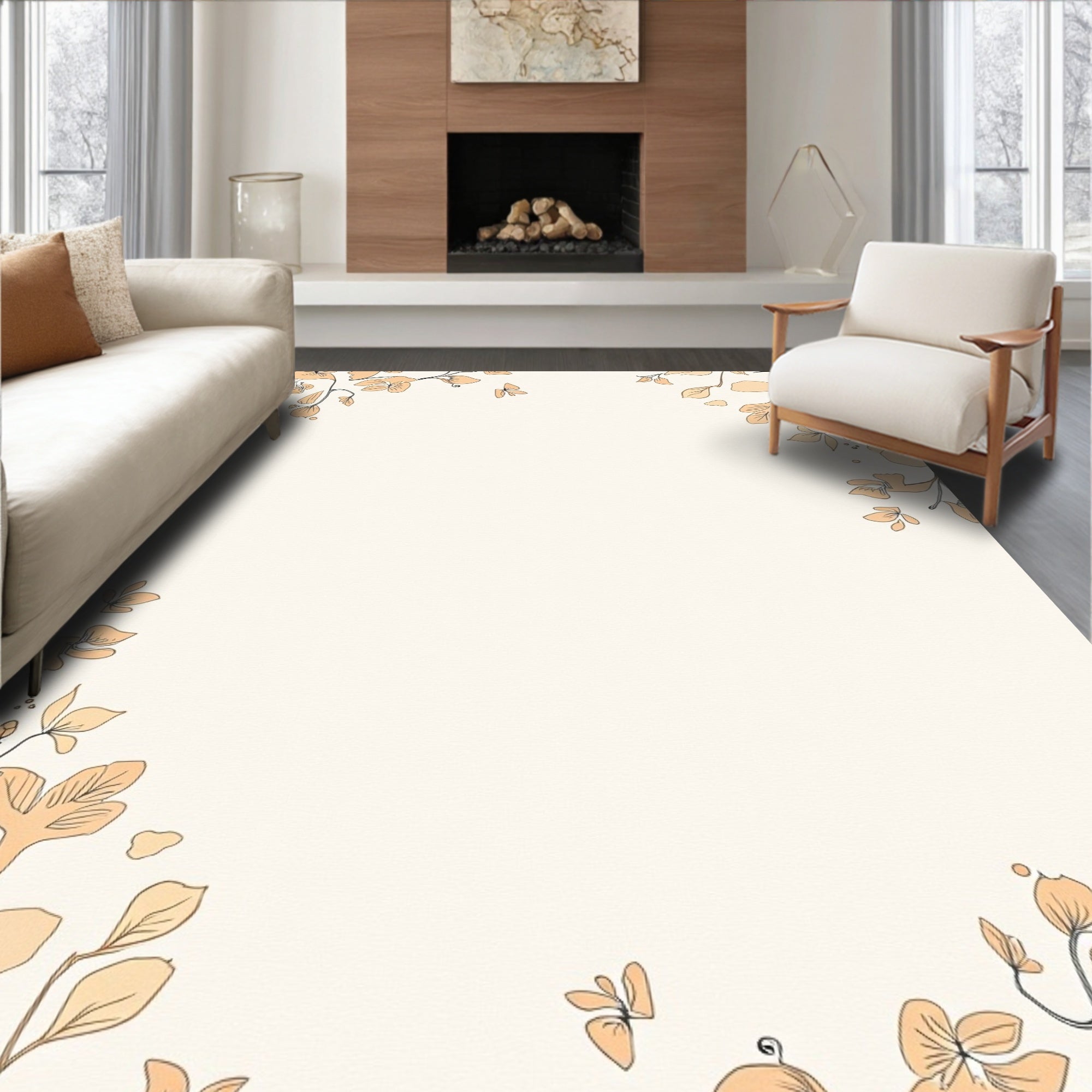 Pale Peach Outline Botanical Garden Rug