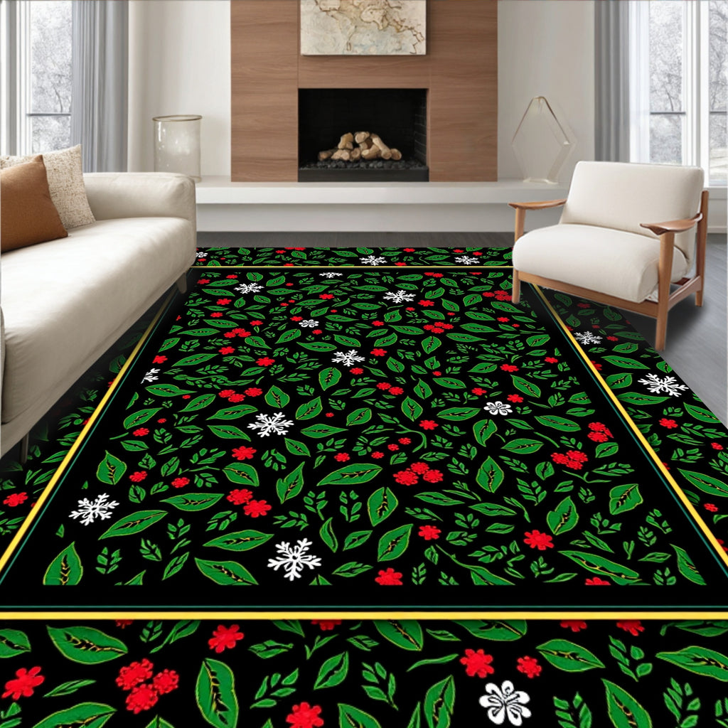 Festive Red White Green Floral Snowflakes Rug