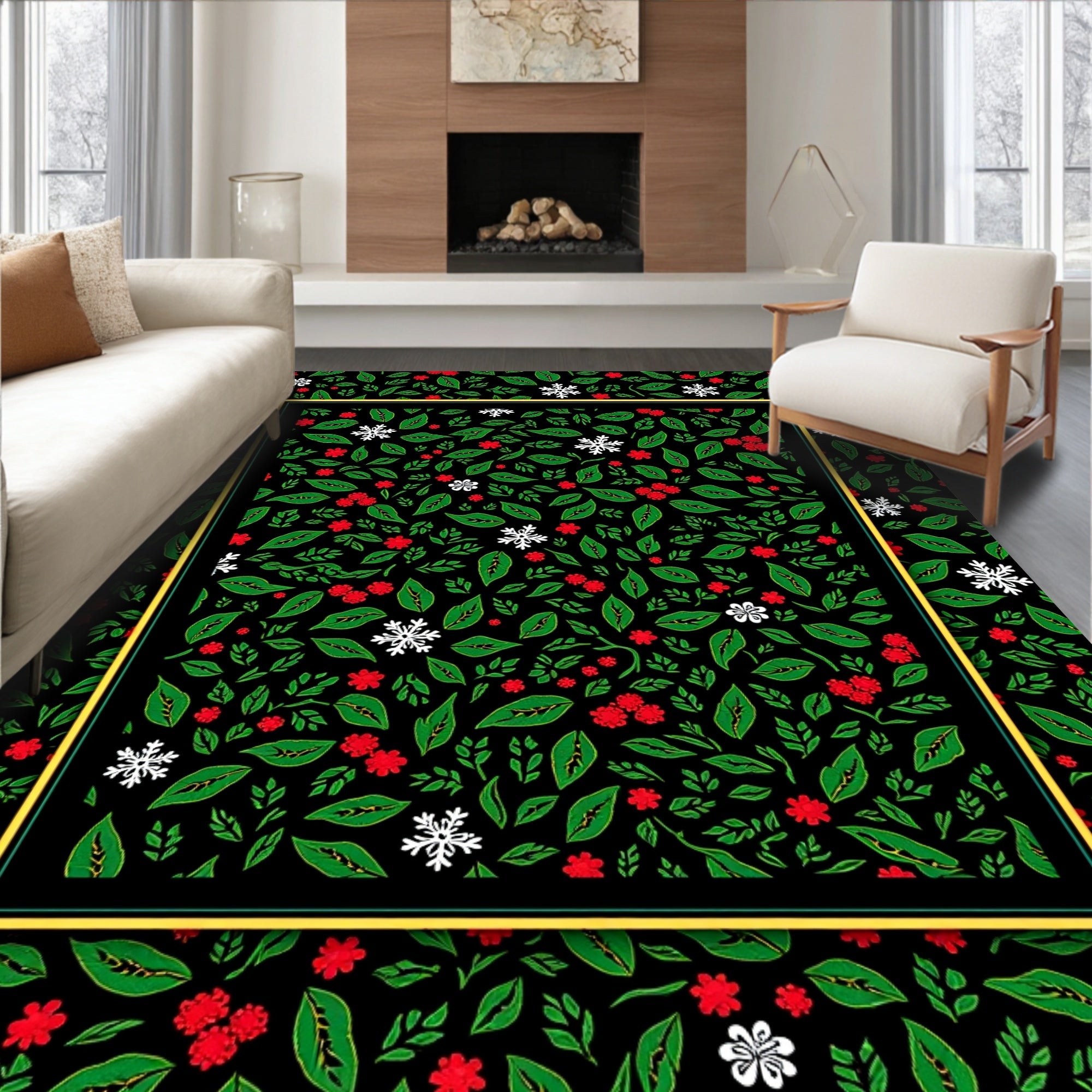 Festive Red White Green Floral Snowflakes Rug