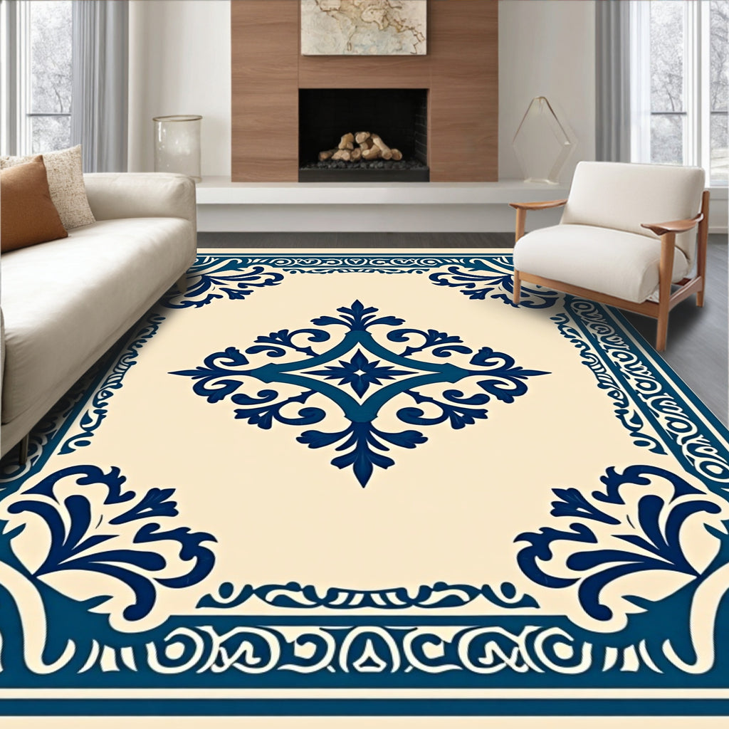 Deep Blue Ornamental Medallion Square Rug