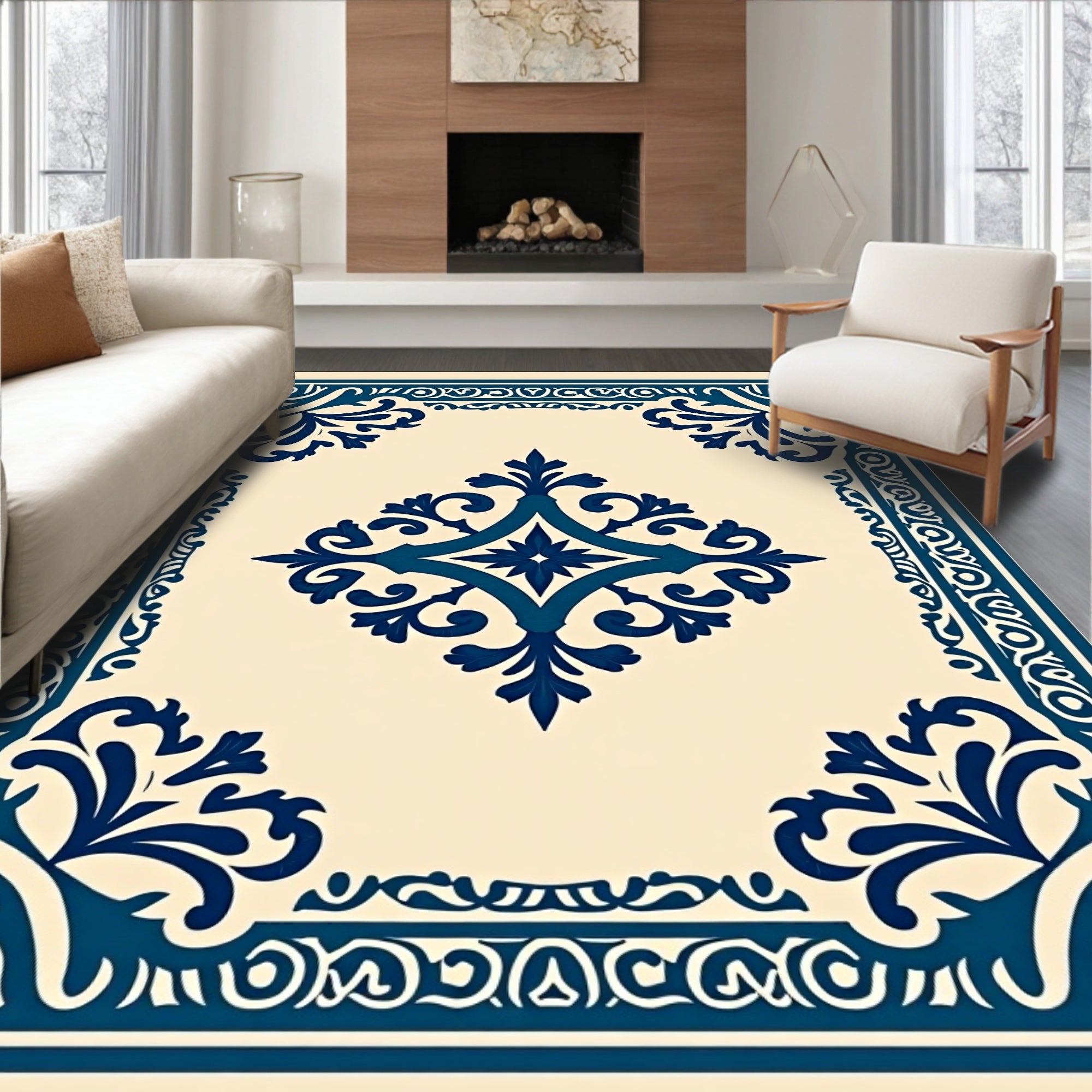 Deep Blue Ornamental Medallion Square Rug