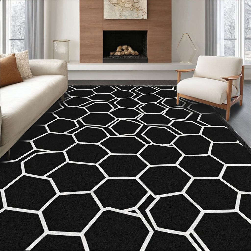 Black White Hexagonal Geometric Abstract Rug