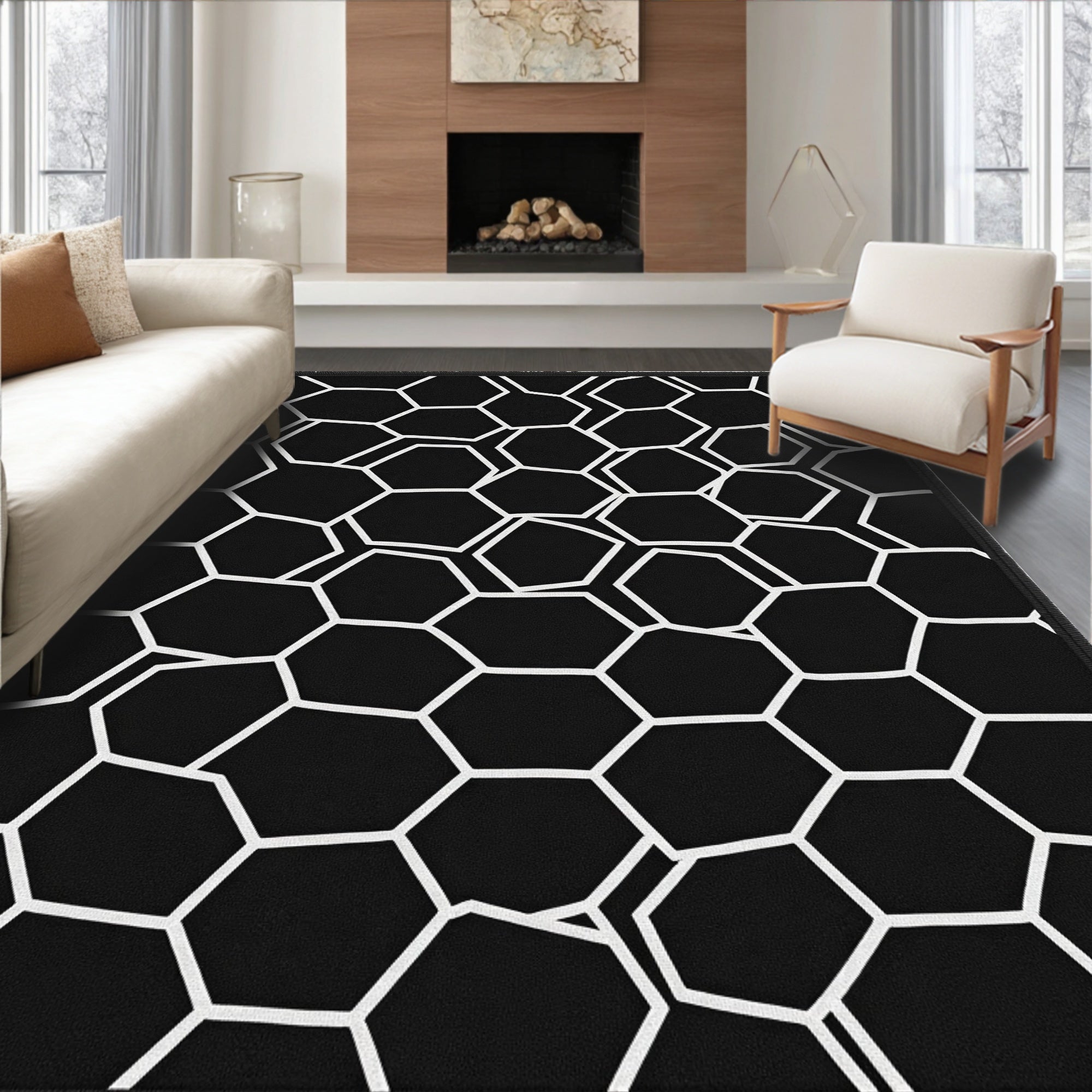 Black White Hexagonal Geometric Abstract Rug
