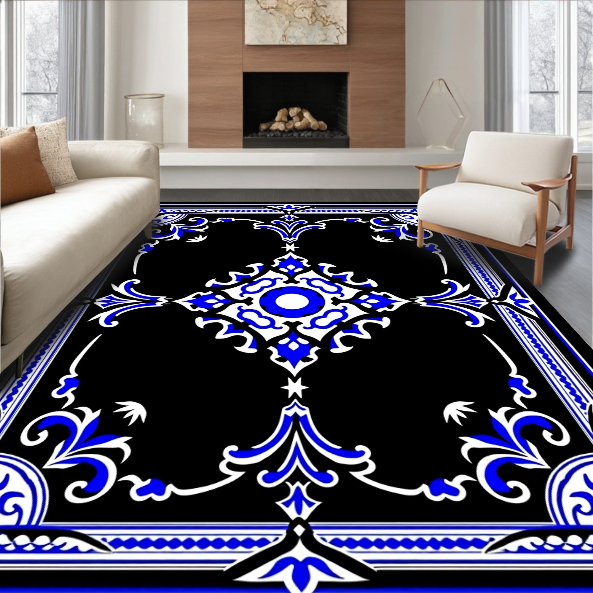 Classic Blue White Medallion Scrollwork Rug