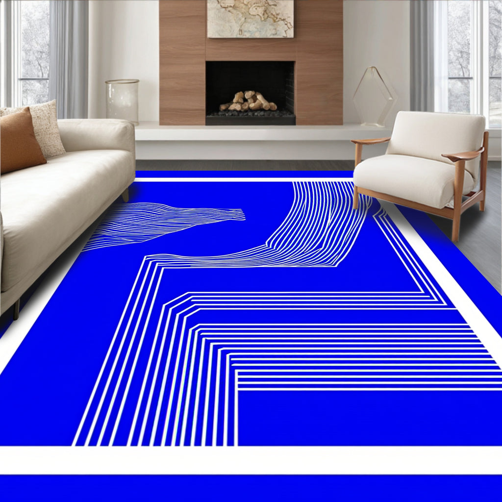 Deep Blue Abstract White Line Art Rug