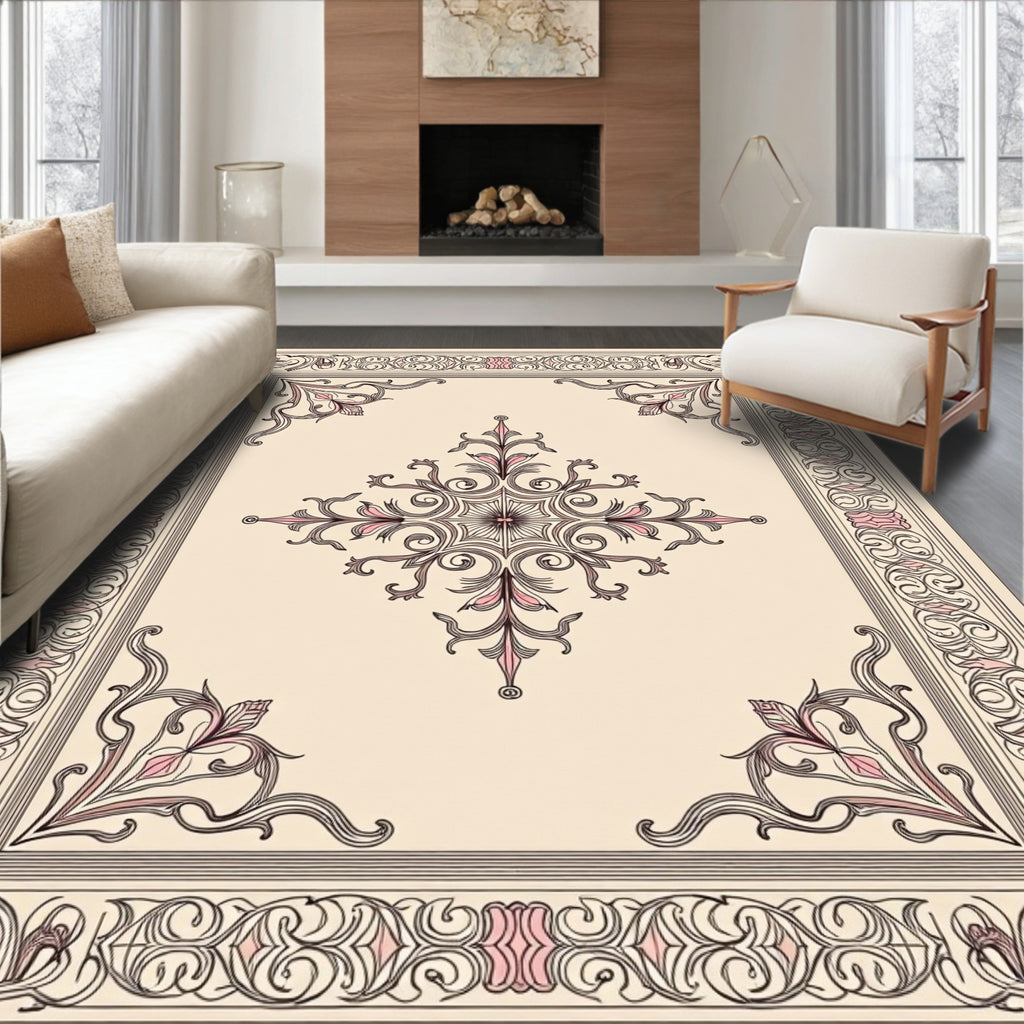 Elegant Cream Pink Floral Scroll Rug