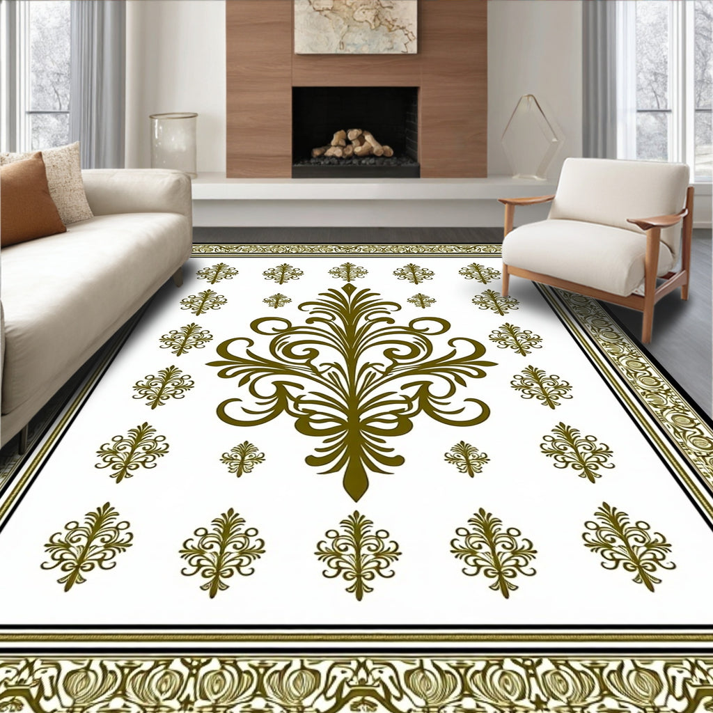 Golden Olive Damask Scrollwork Medallion Rich Rug