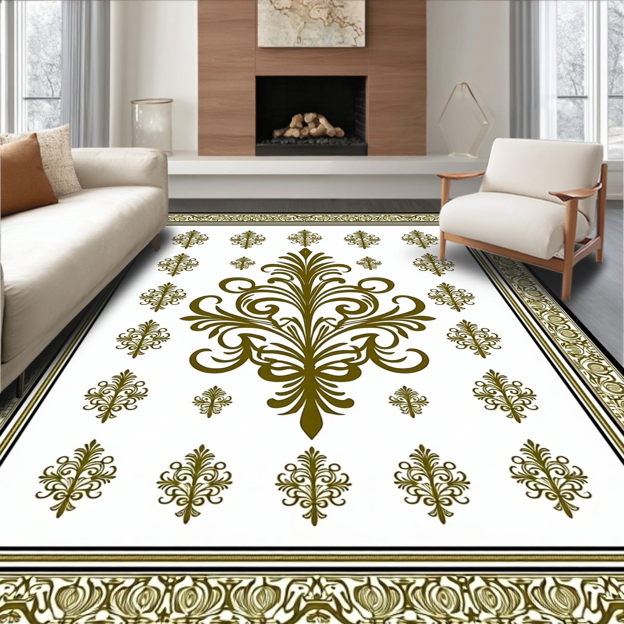 Golden Olive Damask Scrollwork Medallion Rich Rug