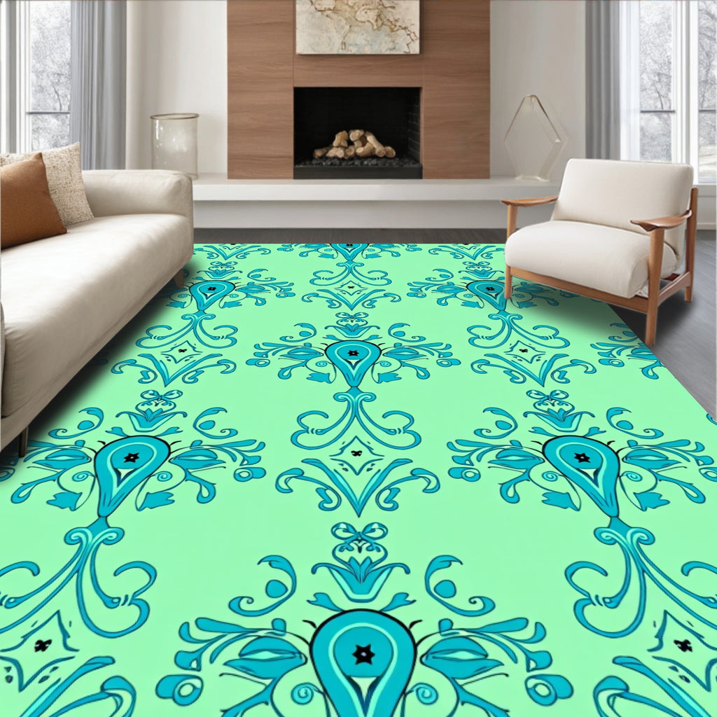 Aqua Teal Ornate Damask Rug