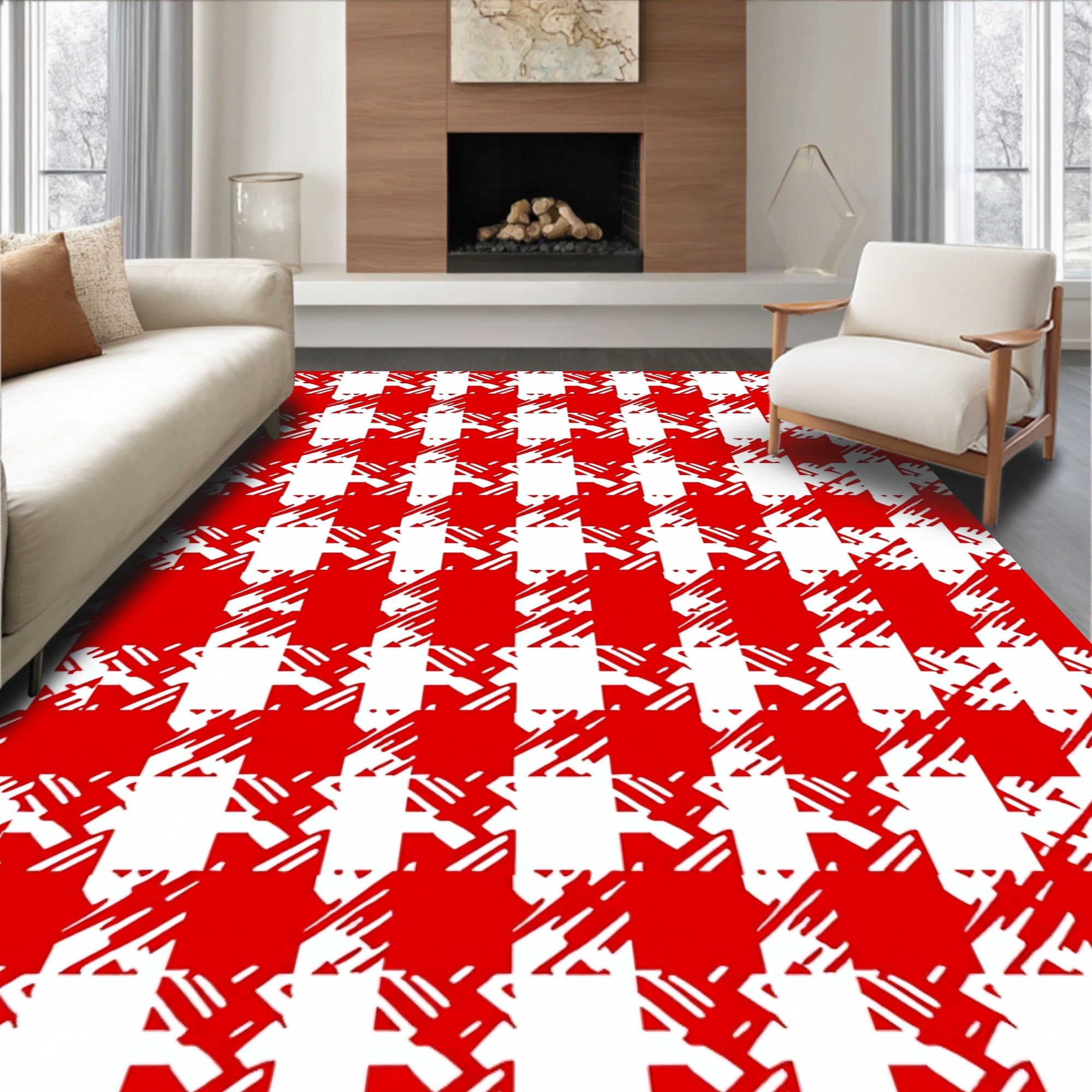 Red White Distressed Houndstooth Check Rug