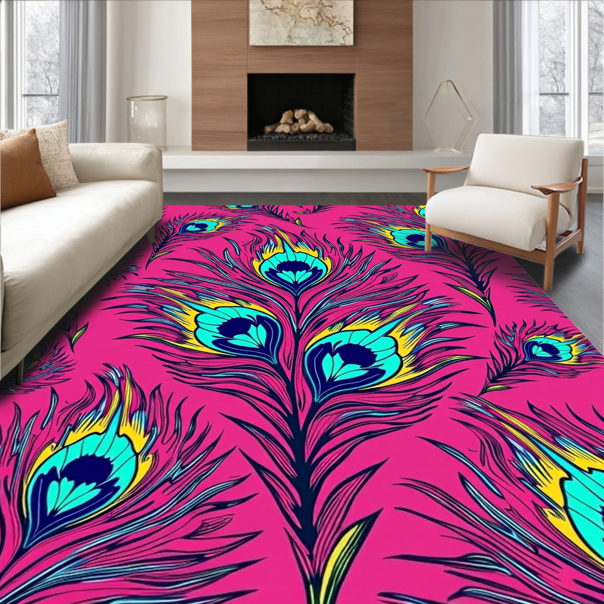 Hot Pink Peacock Feather Arrangement Rug