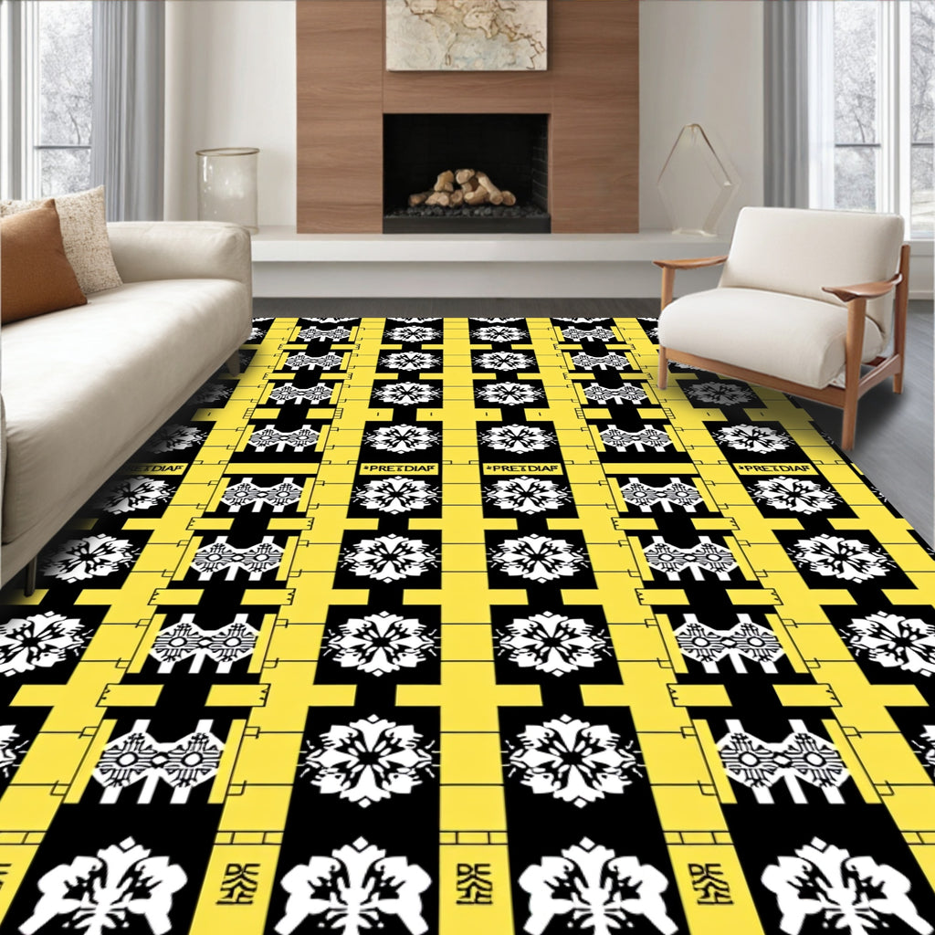 Geometric Black Yellow Abstract Circuitry Rug