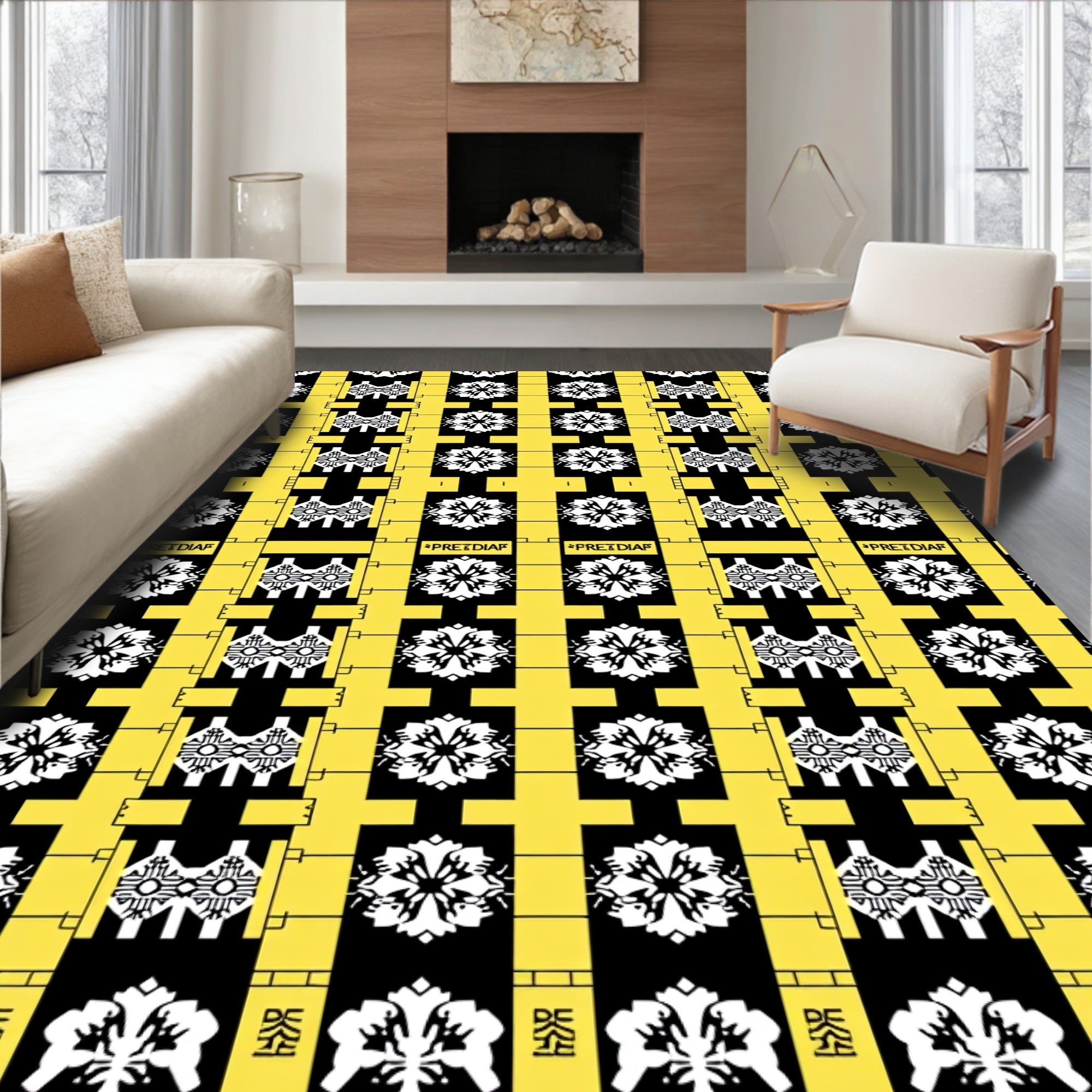 Geometric Black Yellow Abstract Circuitry Rug