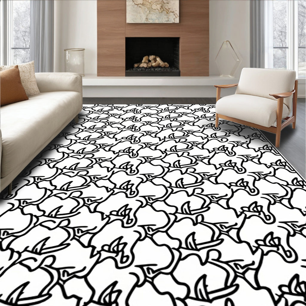 Whimsical Black Rhino Outline Rug